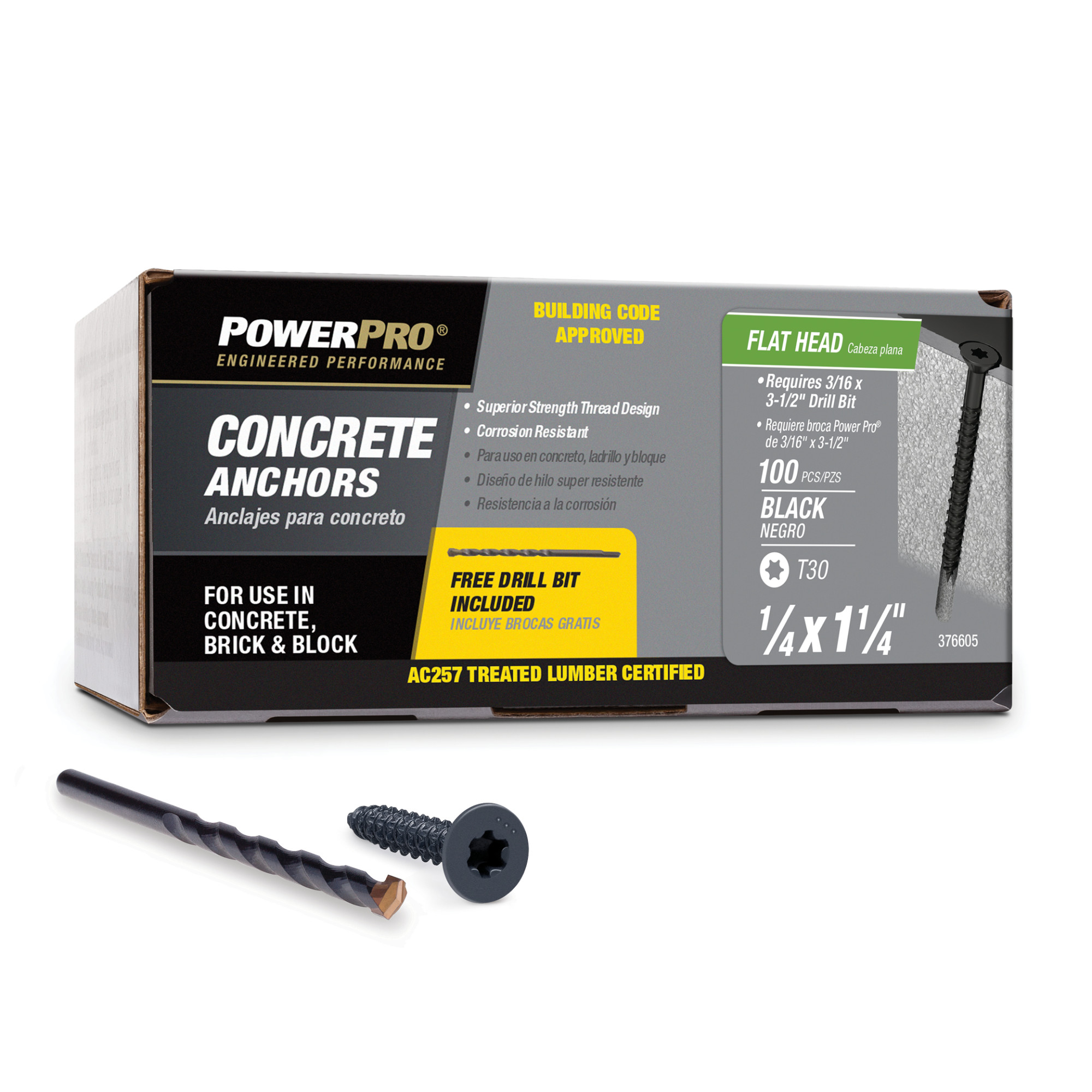 Power Pro Black Flat-Head Concrete Screw Anchor (1/4 in. x 1-1/4 in.) - 100 pc