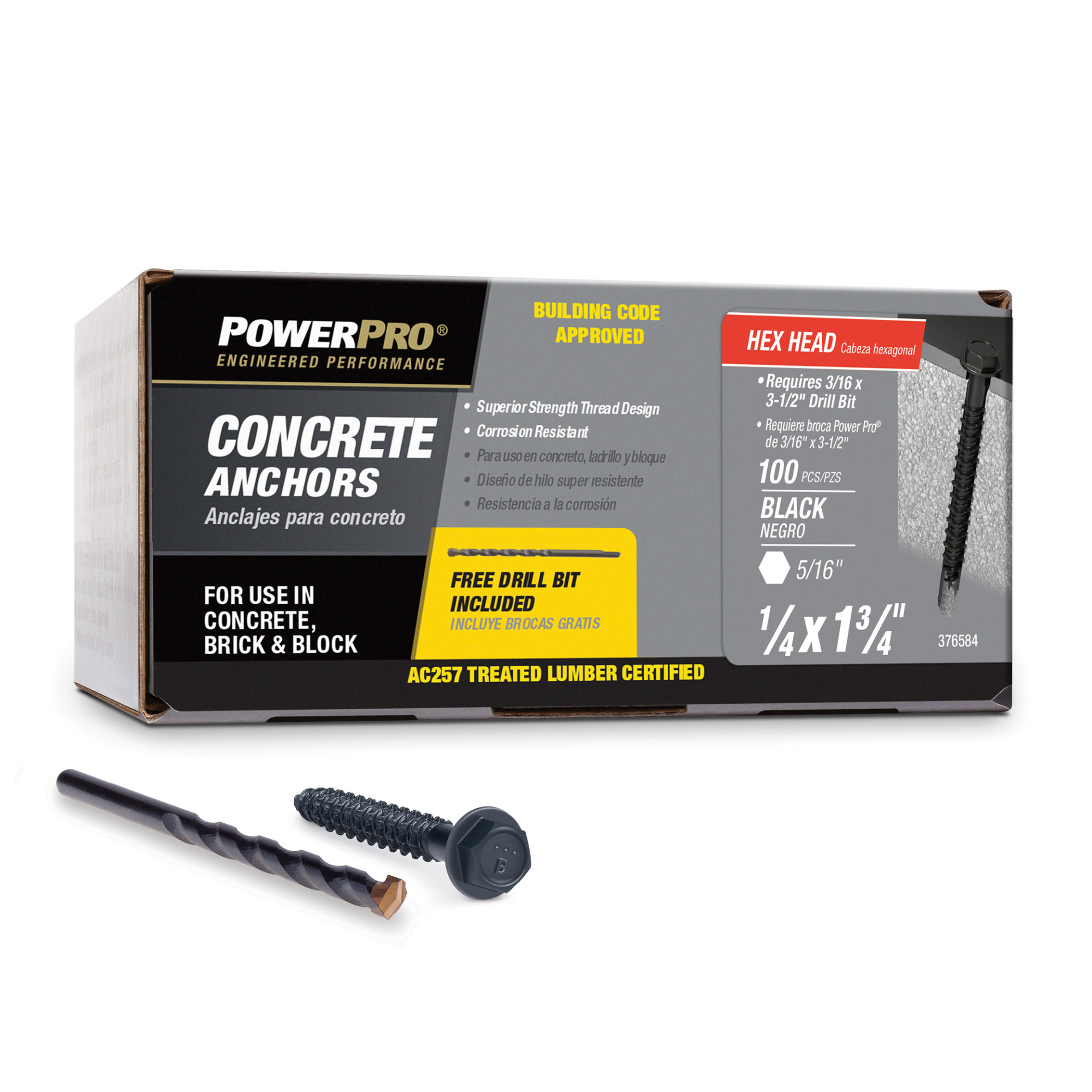 Power Pro Black Hex Washer-Head Concrete Screw Anchor (1/4 in. x 1-3/4 in.) - 100 pc