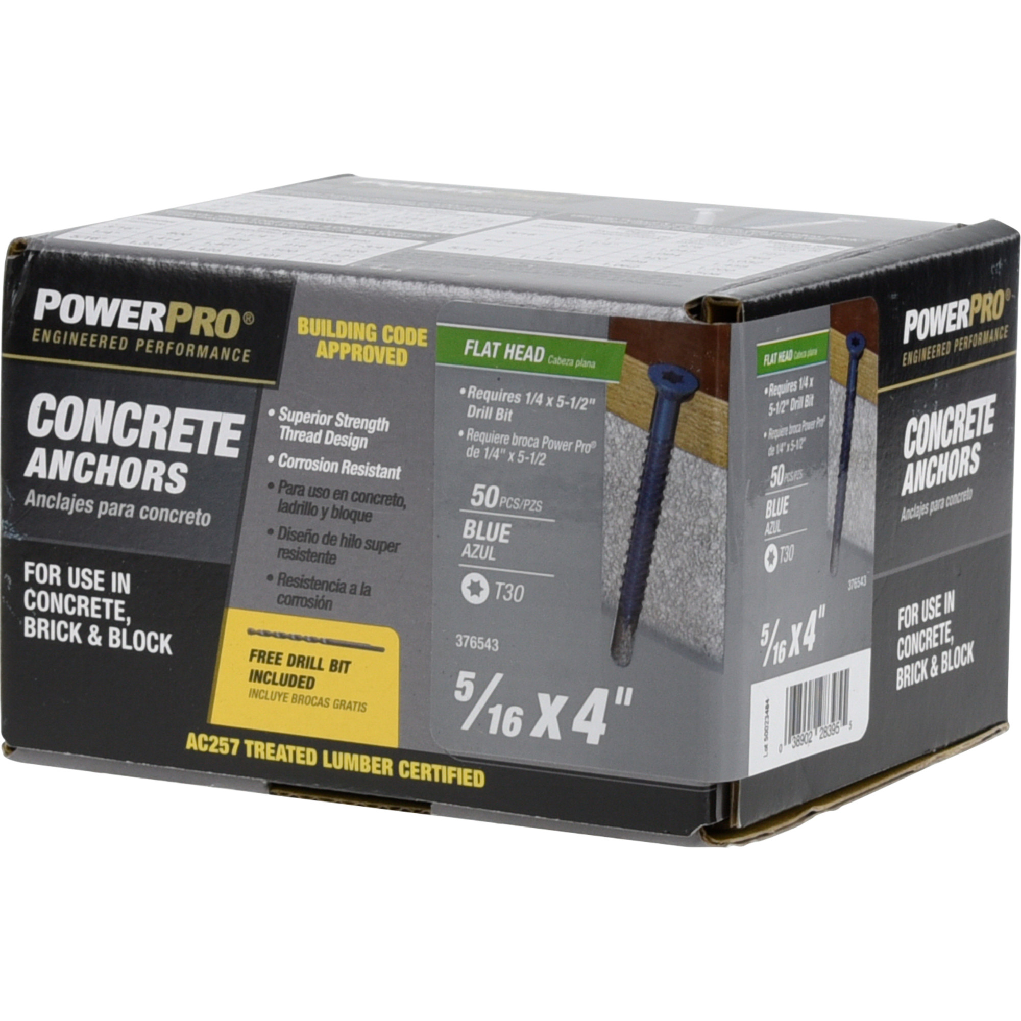 Power Pro Blue Flat-Head Concrete Screw Anchor (5/16 in. x 4 in.) - 50 pc