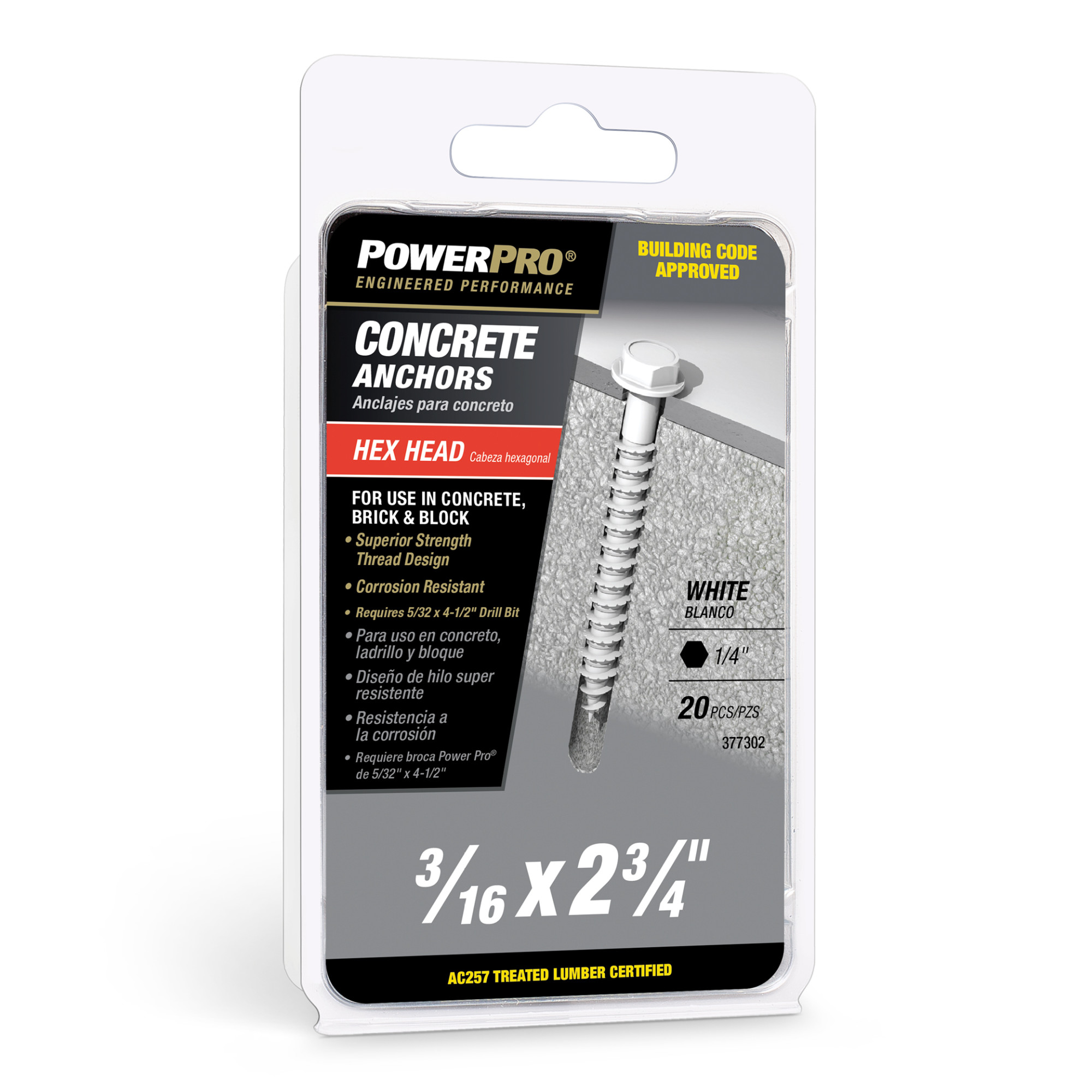 Power Pro White Hex Washer-Head Concrete Screw Anchor (3/16 in. x 2-3/4 in.) - 20 pc