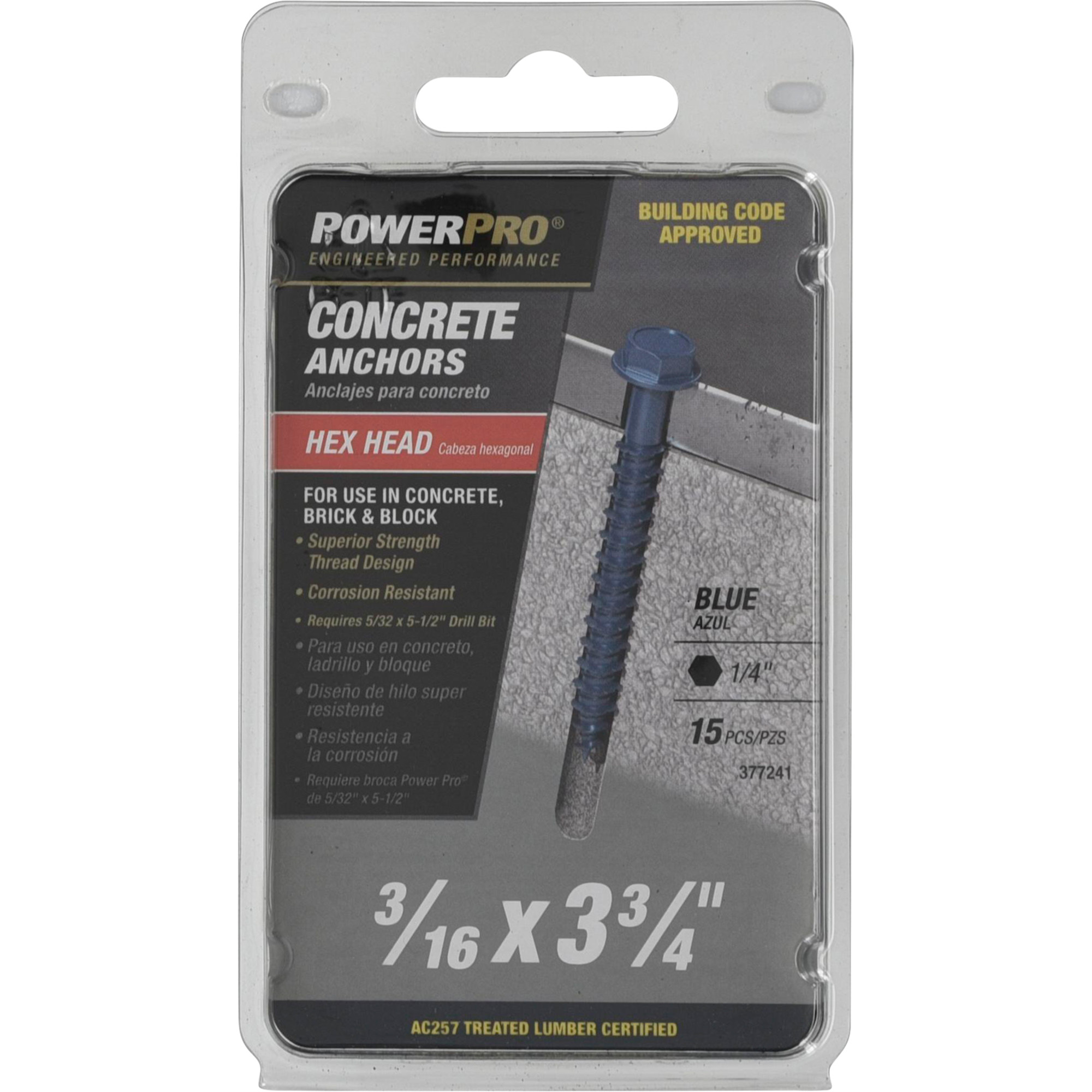 Power Pro Blue Hex Washer-Head Concrete Screw Anchor (3/16 in. x 3-3/4 in.) - 15 pc