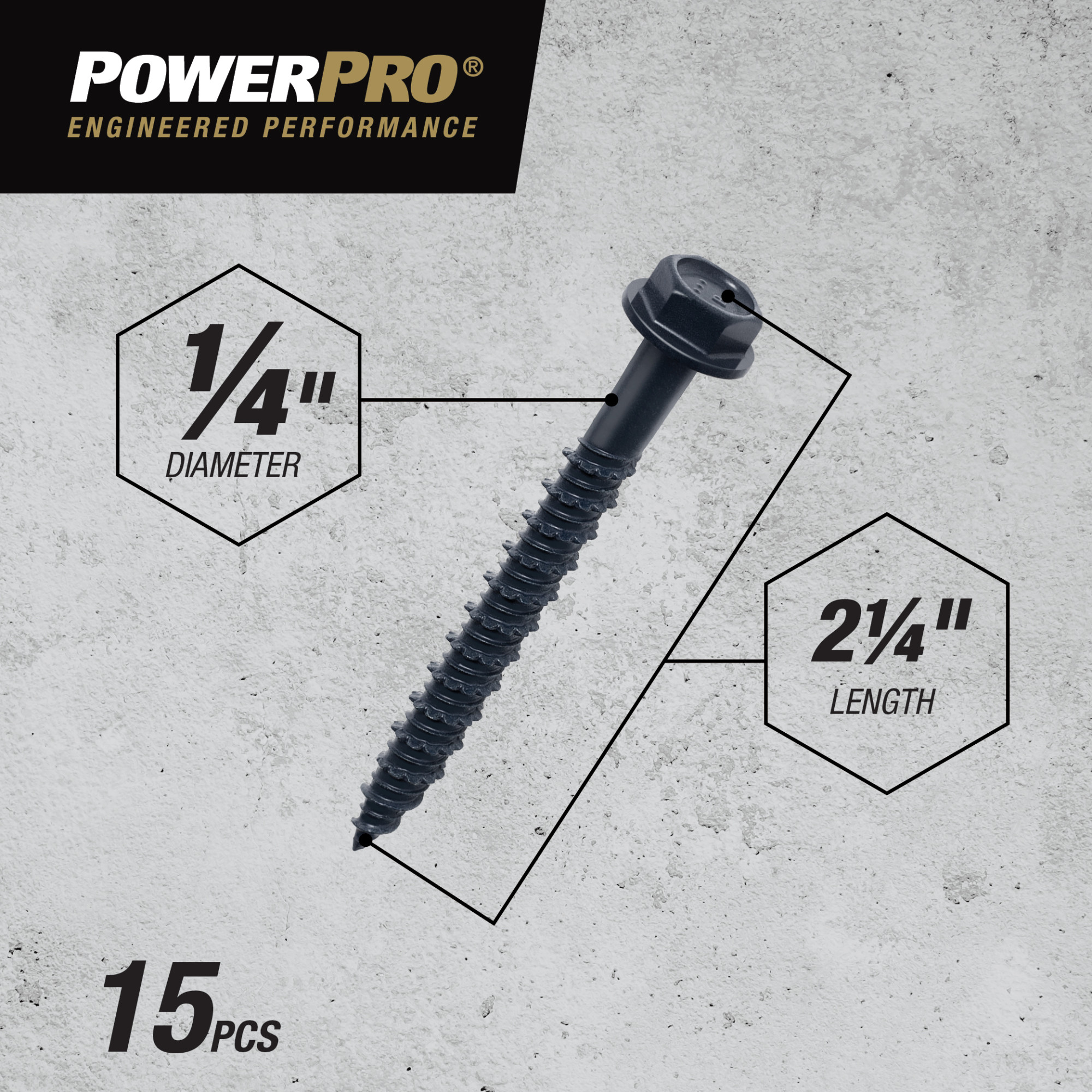 Power Pro Black Hex Washer-Head Concrete Screw Anchor (1/4 in. x 2-1/4 in.) - 15 pc