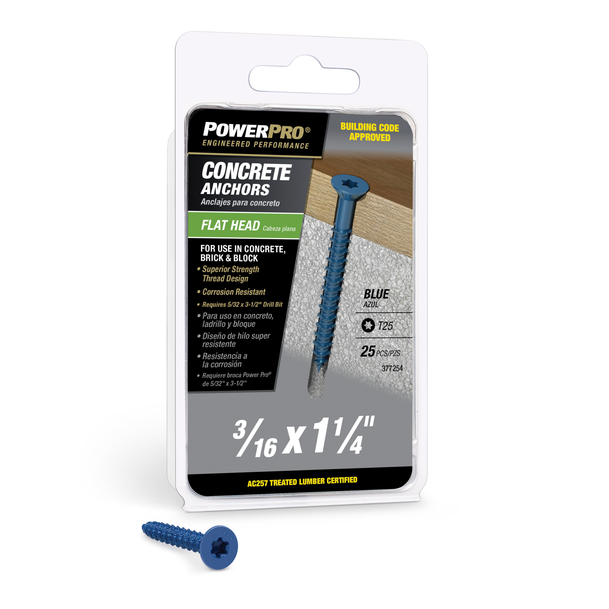 Power Pro Blue Flat-Head Concrete Screw Anchor (3/16 in. x 1-1/4 in.) - 25 pc