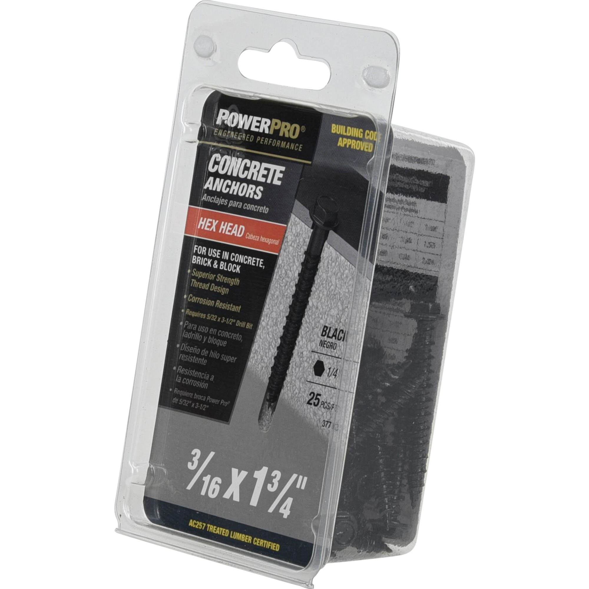 Power Pro Black Hex Washer-Head Concrete Screw Anchor (3/16 in. x 1-3/4 in.) - 25 pc