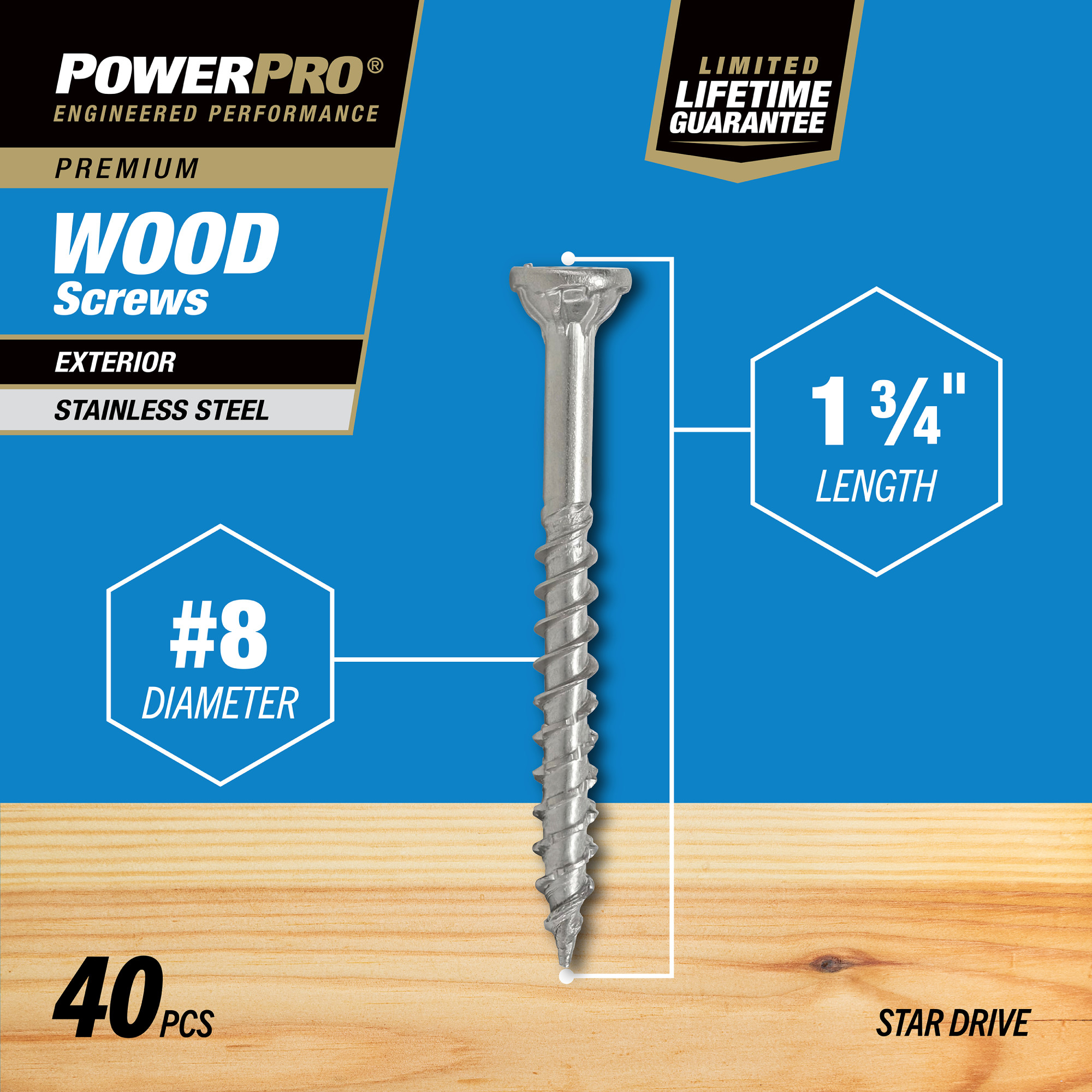 Power Pro Premium 305 Stainless Steel Wood Screws (#8 x 1-3/4 in.) - 40 pc