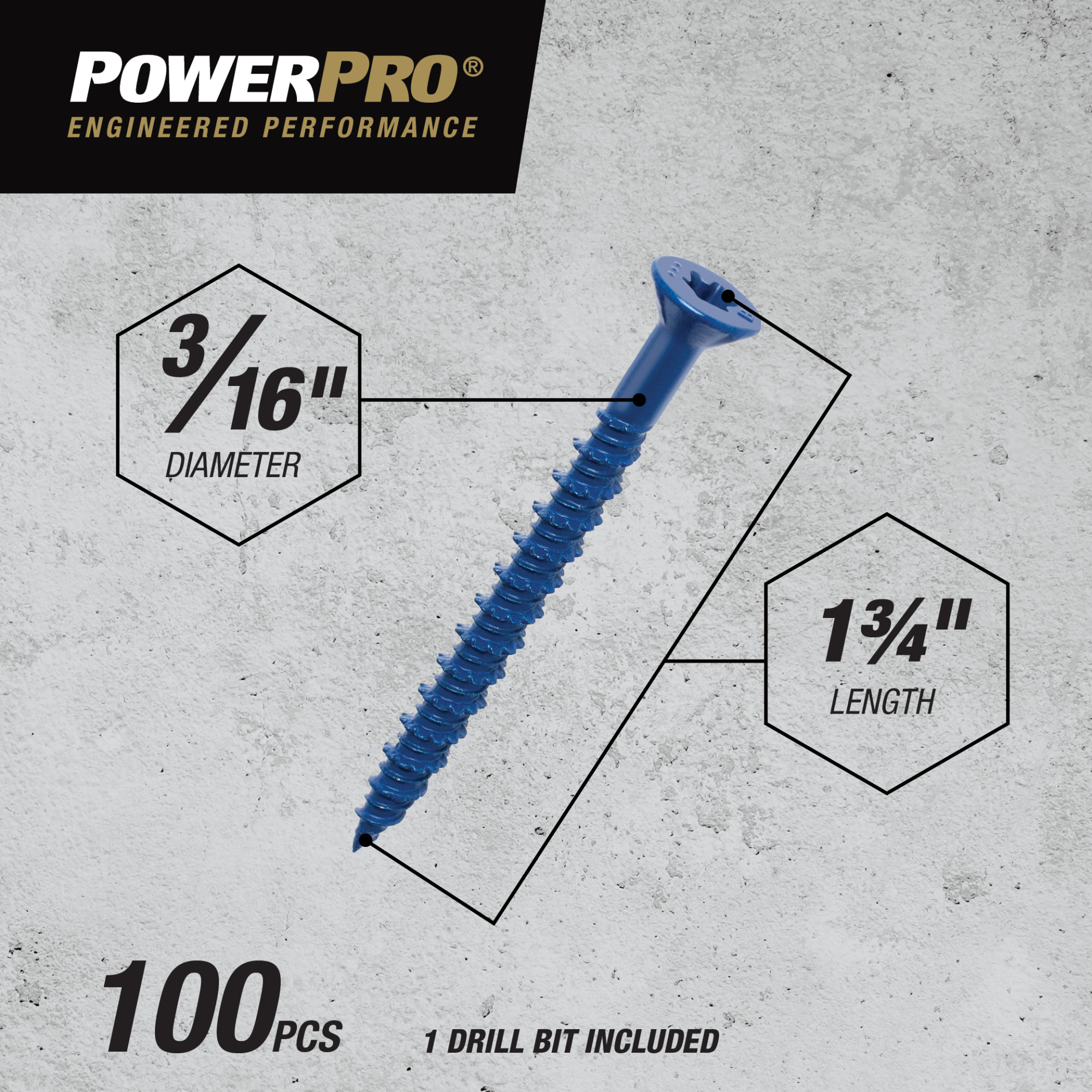Power Pro Blue Flat-Head Concrete Screw Anchor (3/16 in. x 1-3/4 in.) - 100 pc