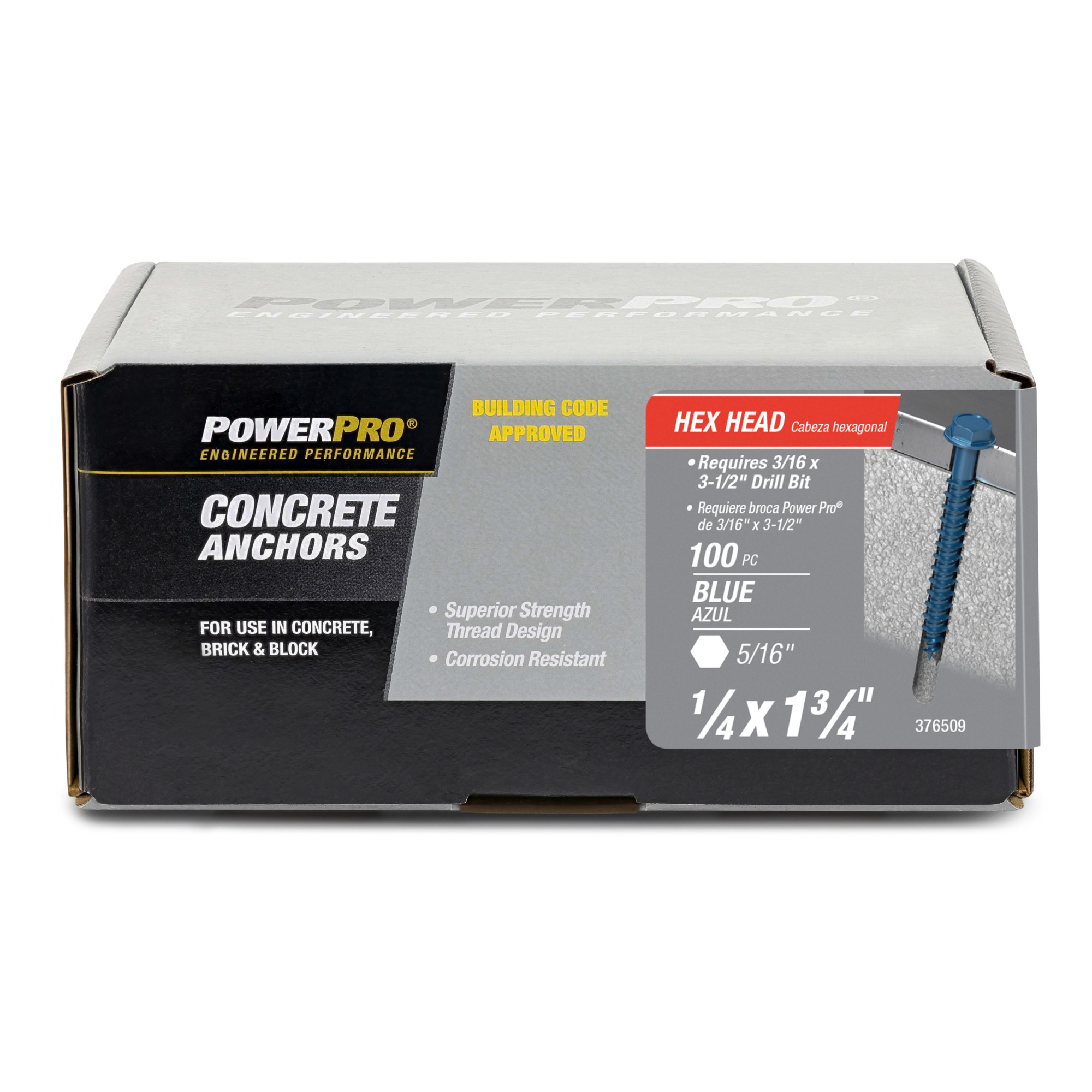 Power Pro Blue Hex Washer-Head Concrete Screw Anchor (1/4 in. x 1-3/4 in.) - 100 pc