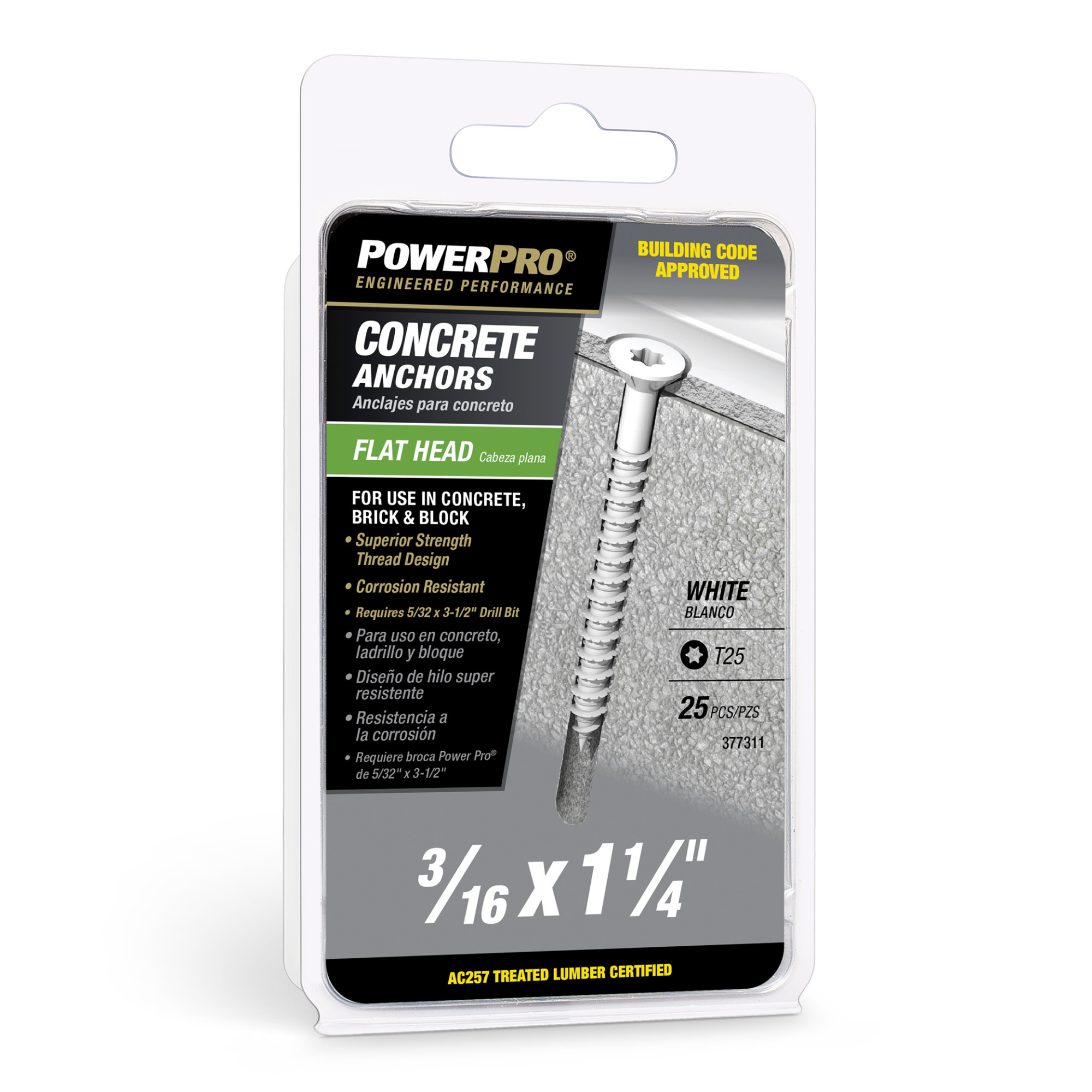 Power Pro White Flat-Head Concrete Screw Anchor (3/16 in. x 1-1/4 in.) - 25 pc