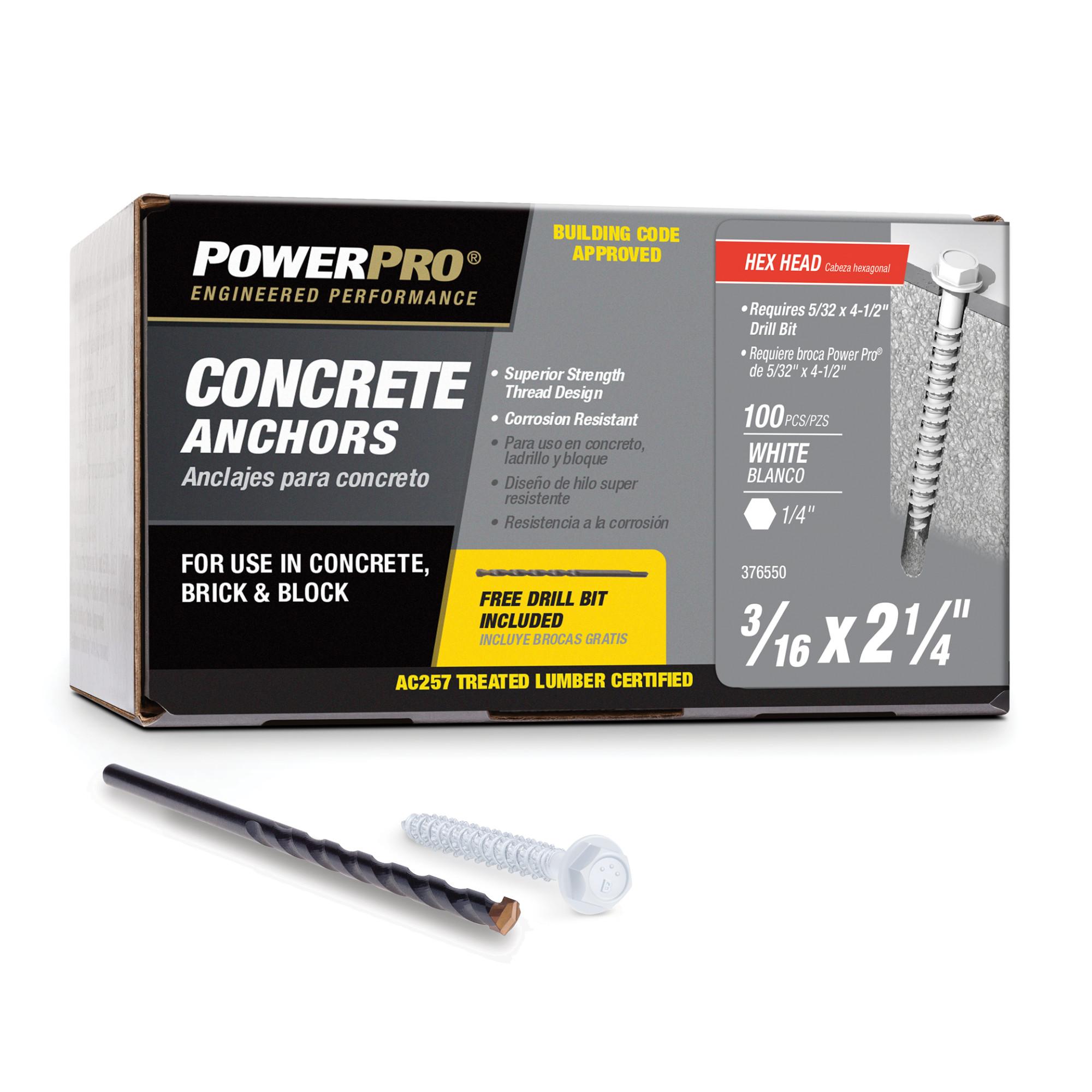 Power Pro White Hex Washer-Head Concrete Screw Anchor (3/16 in. x 2-1/4 in.) - 100 pc