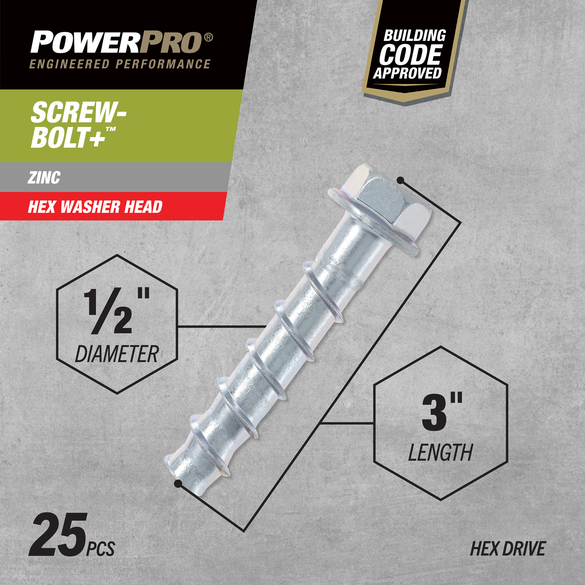 Power Pro Zinc Hex Washer Head Screw-Bolt+ Anchors (1/2 in. x 3 in.) - 25 pc