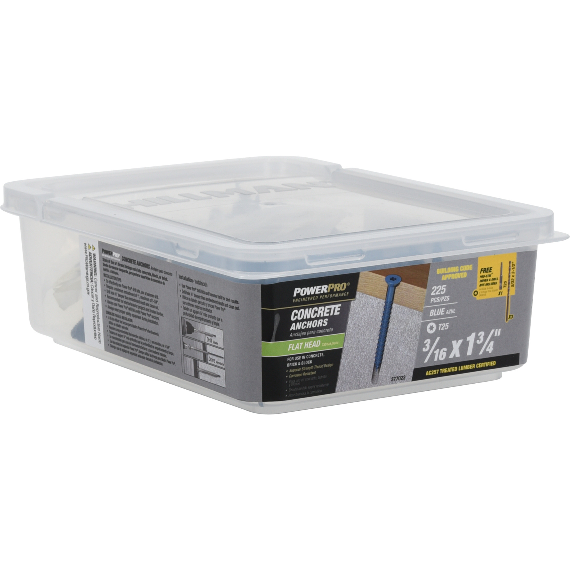 Power Pro Blue Flat-Head Concrete Screw Anchor (3/16 in. x 1-3/4 in.) - 225 pc