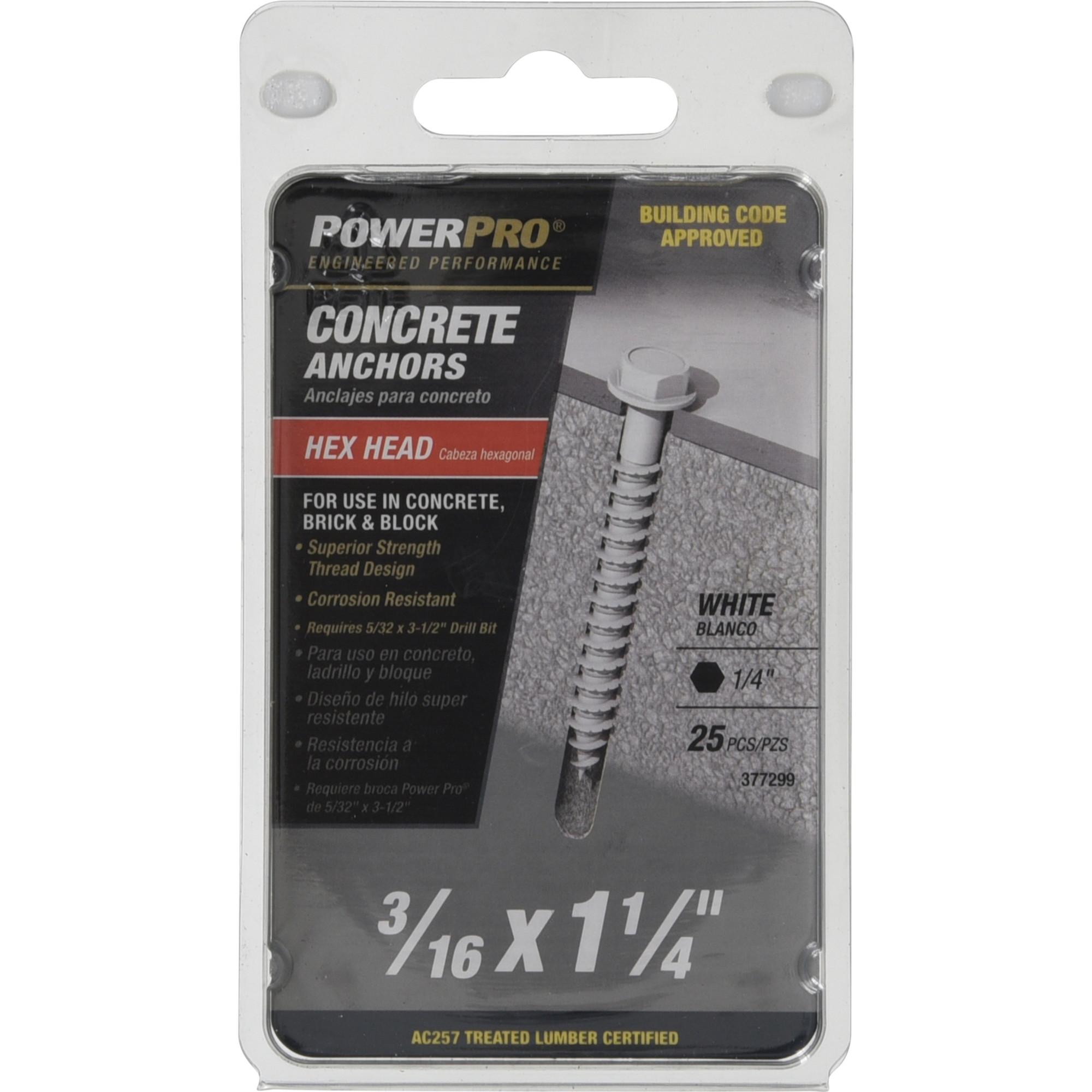 Power Pro White Hex Washer-Head Concrete Screw Anchor (3/16 in. x 1-1/4 in.) - 25 pc