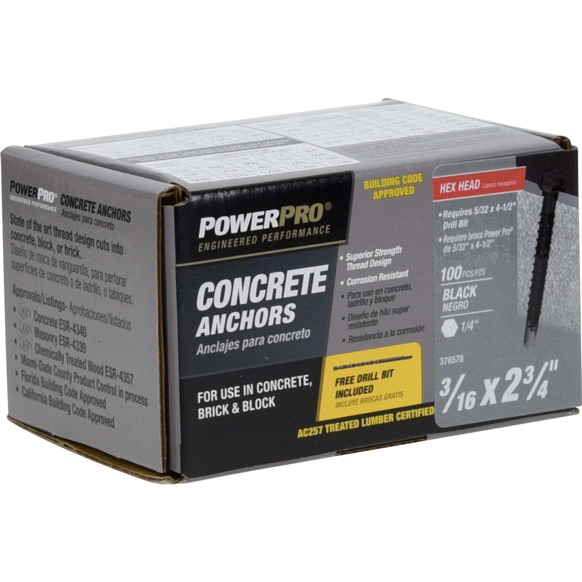 Power Pro Black Hex Washer-Head Concrete Screw Anchor (3/16 in. x 2-3/4 in.) - 100 pc