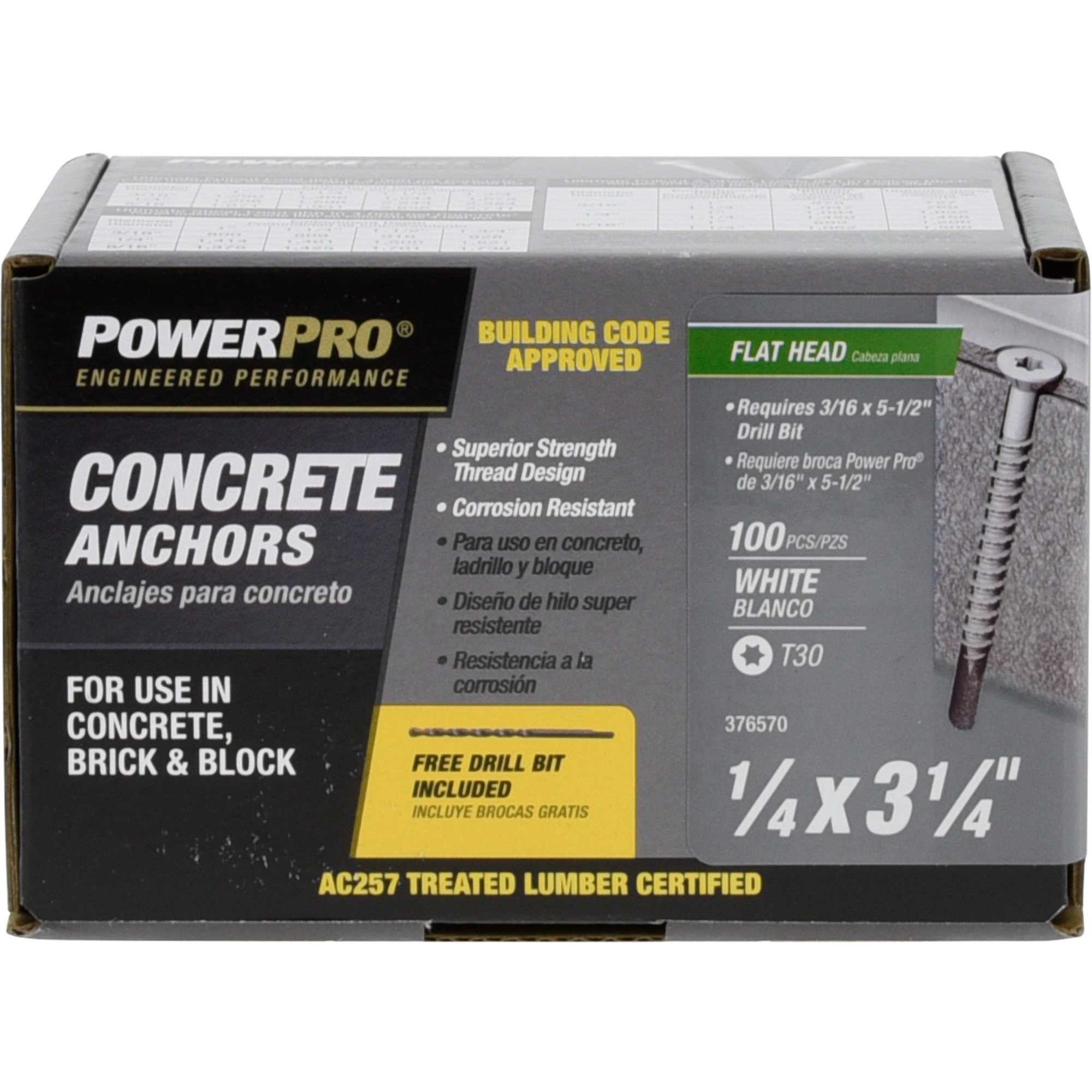 Power Pro White Flat-Head Concrete Screw Anchor (1/4 in. x 3-1/4 in.) - 100 pc