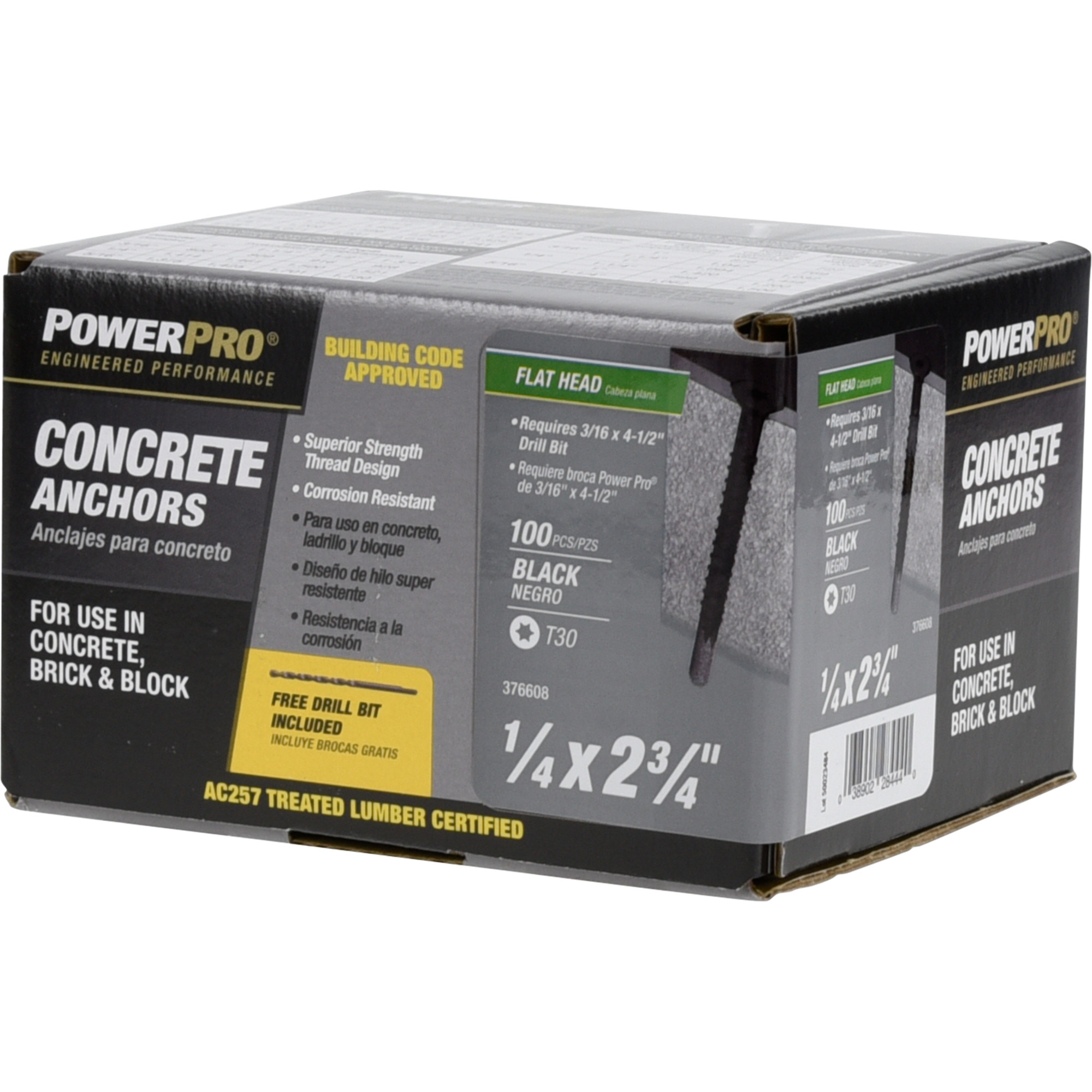Power Pro Black Flat-Head Concrete Screw Anchor (1/4 in. x 2-3/4 in.) - 100 pc