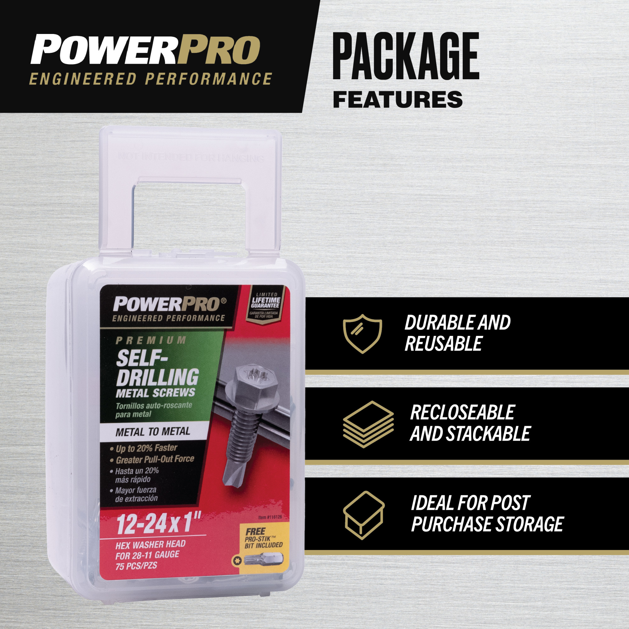 Power Pro Premium Hex Zinc Sheet Metal Self-Drilling Screws (#12-24 x 1 in.) - 75pc