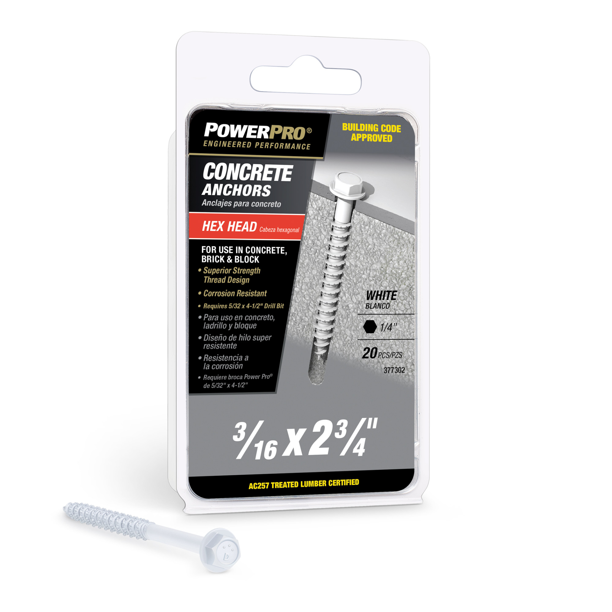 Power Pro White Hex Washer-Head Concrete Screw Anchor (3/16 in. x 2-3/4 in.) - 20 pc