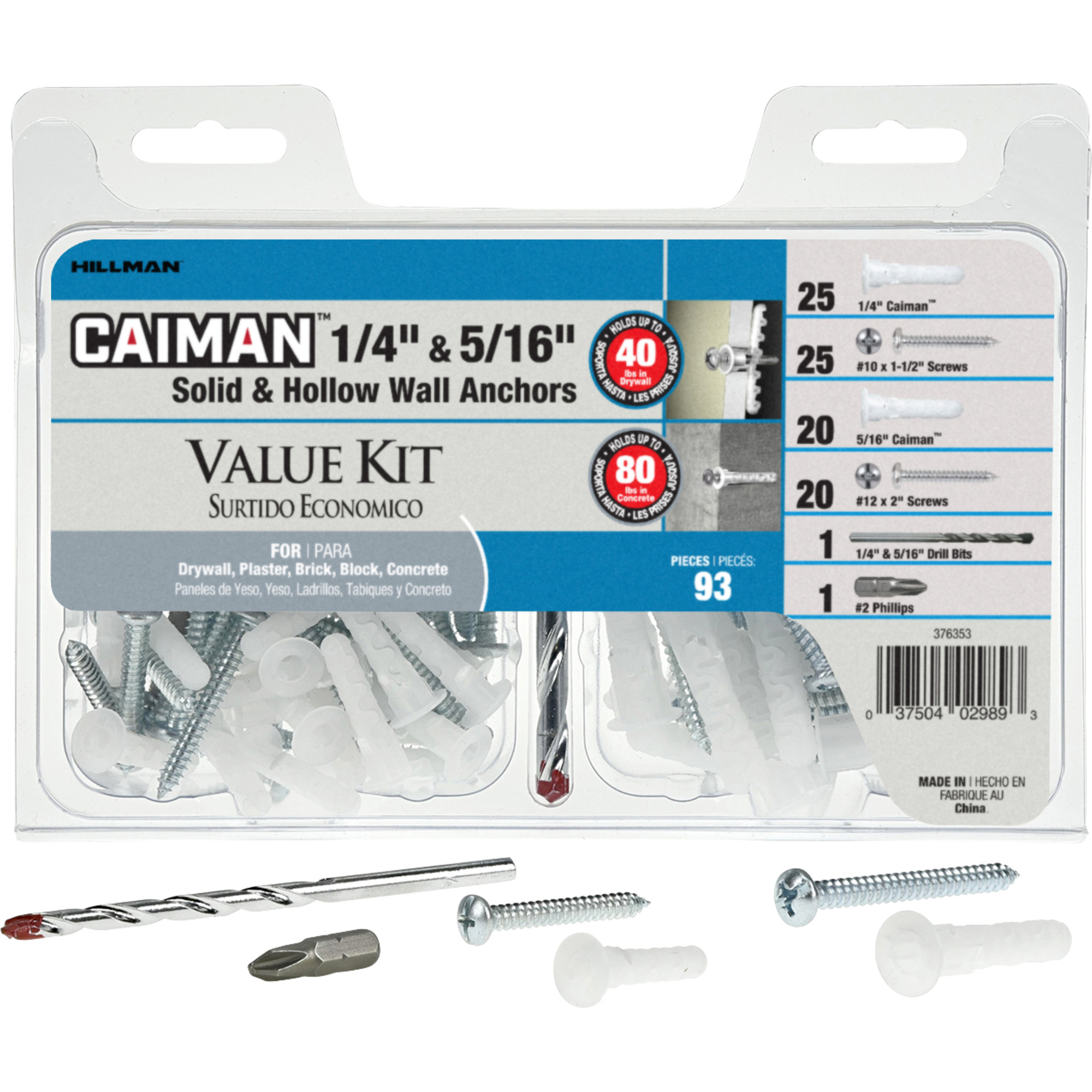 Hillman Value Kit (1/4� & 5/16�) 93 pc 45 Anchor, 45 Screws, 2 drill bits, 1 drive bit