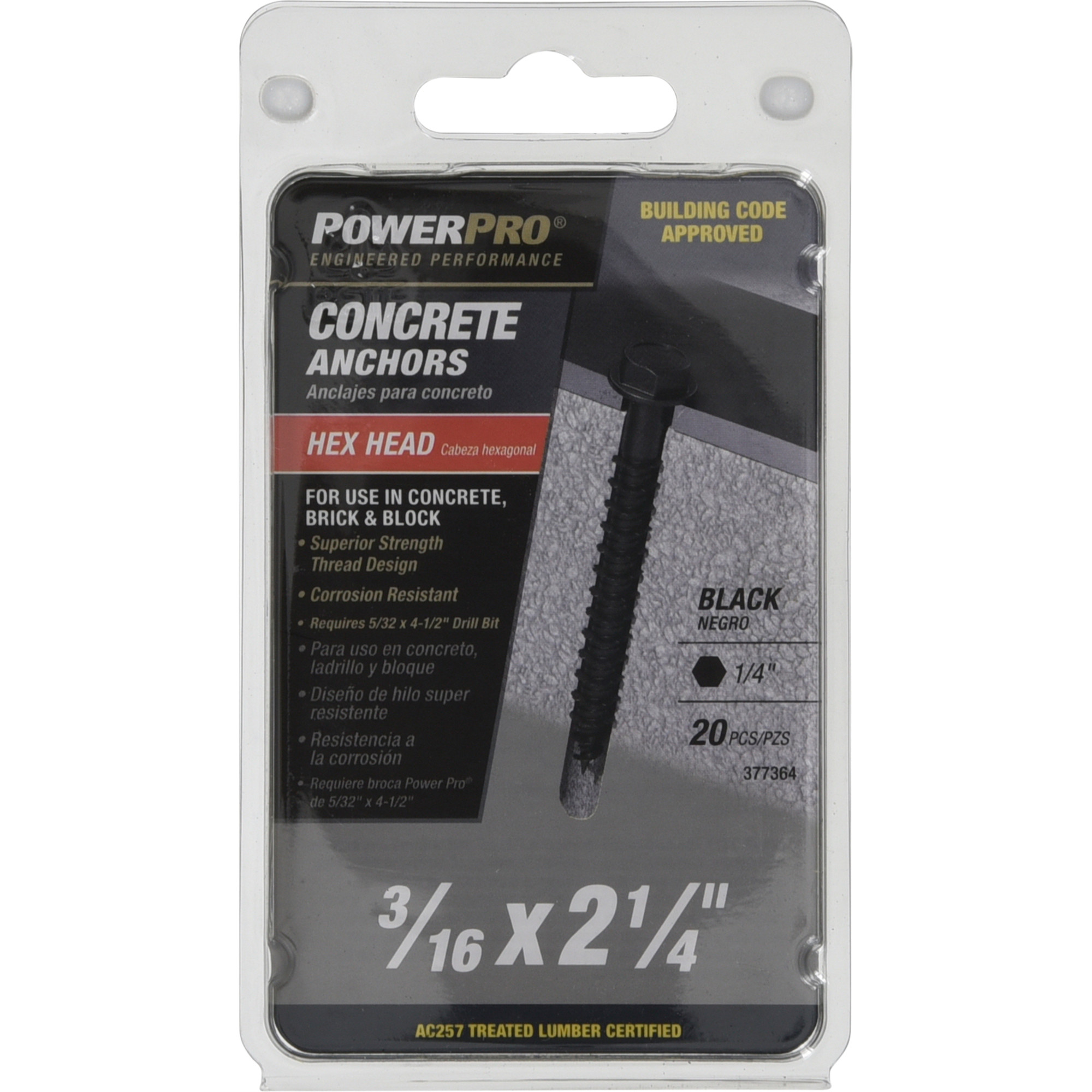 Power Pro Black Hex Washer-Head Concrete Screw Anchor (3/16 in. x 2-1/4 in.) - 20 pc