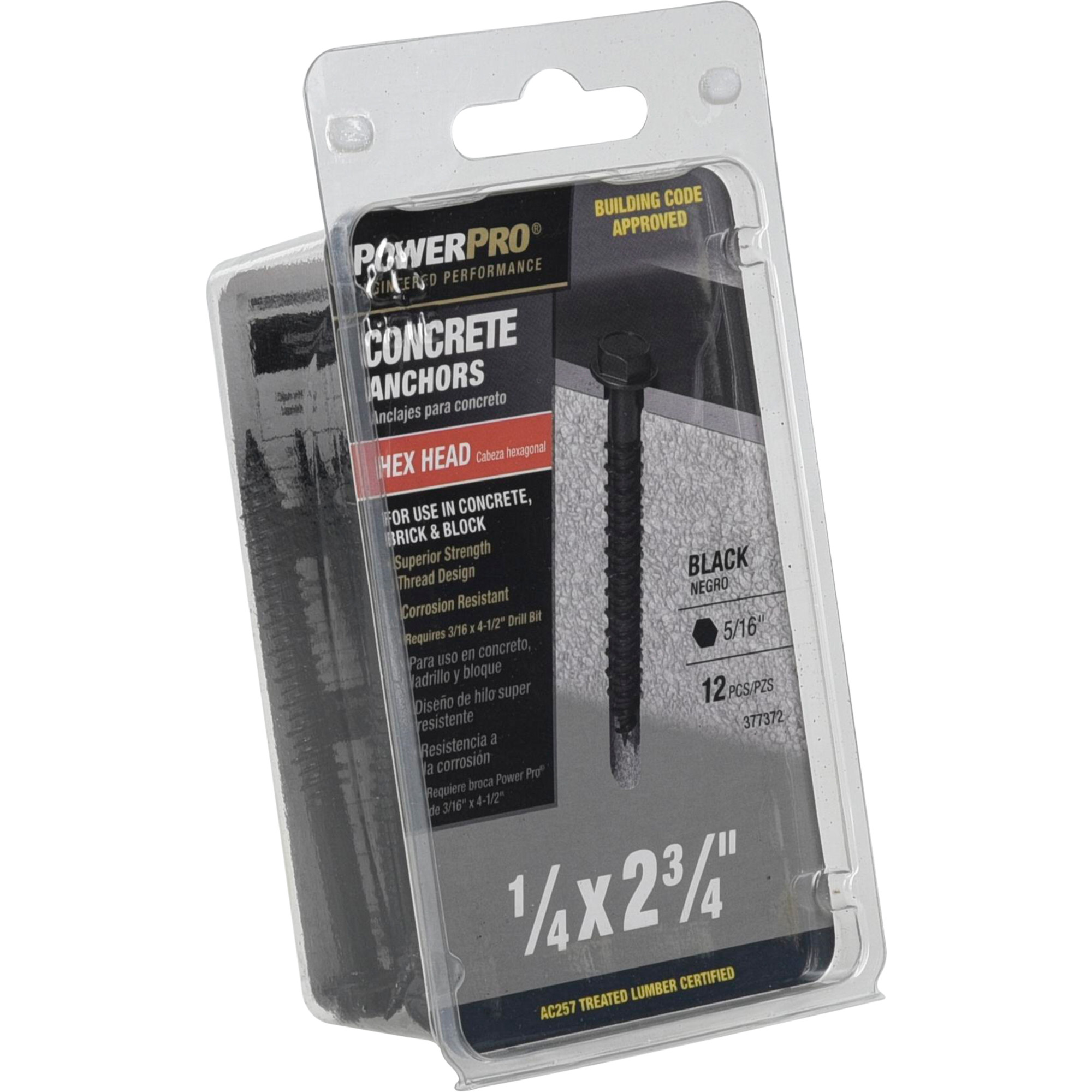 Power Pro Black Hex Washer-Head Concrete Screw Anchor (1/4 in. x 2-3/4 in.) - 12 pc