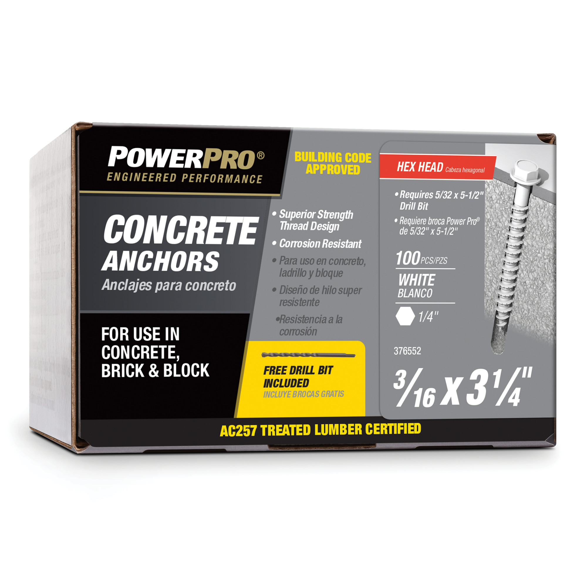 Power Pro White Hex Washer-Head Concrete Screw Anchor (3/16 in. x 3-1/4 in.) - 100 pc