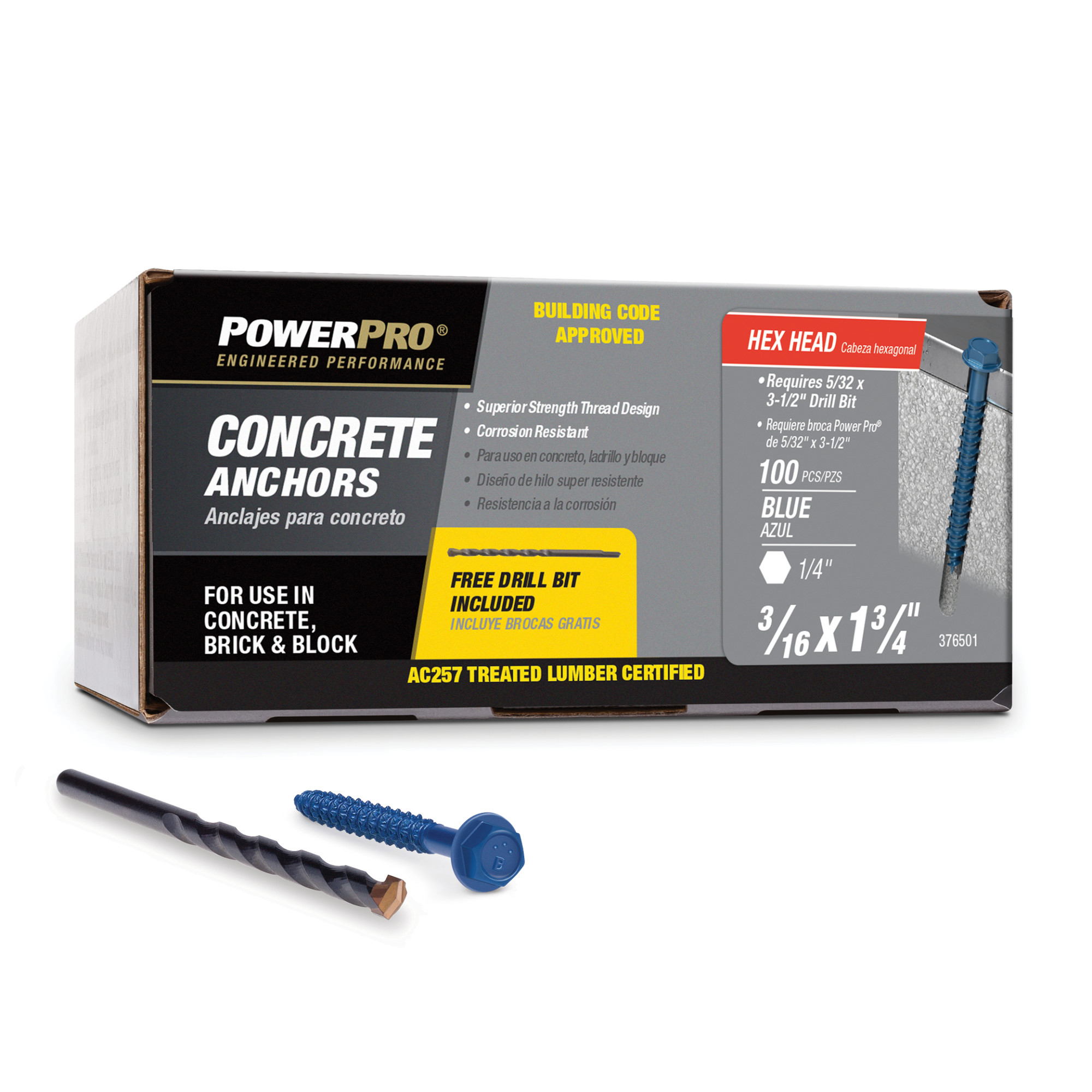 Power Pro Blue Hex Washer-Head Concrete Screw Anchor (3/16 in. x 1-3/4 in.) - 100 pc