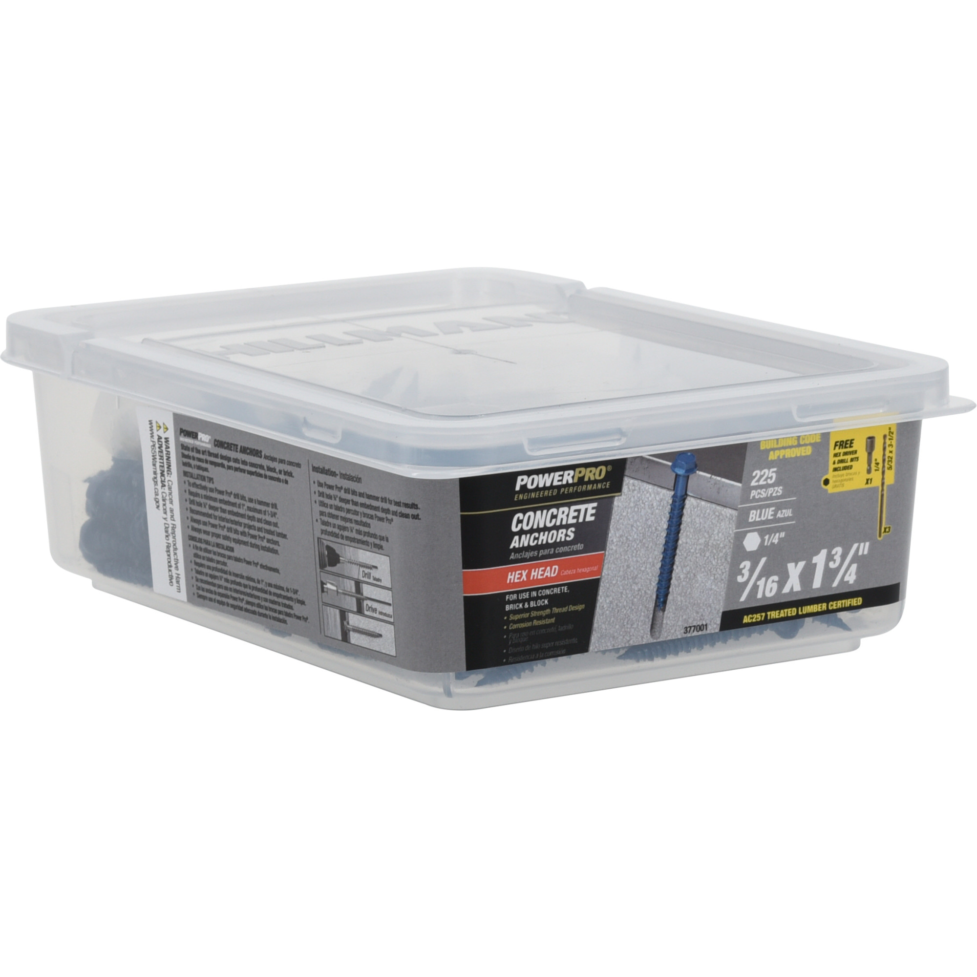 Power Pro Blue Hex Washer-Head Concrete Screw Anchor (3/16 in. x 1-3/4 in.) - 225 pc