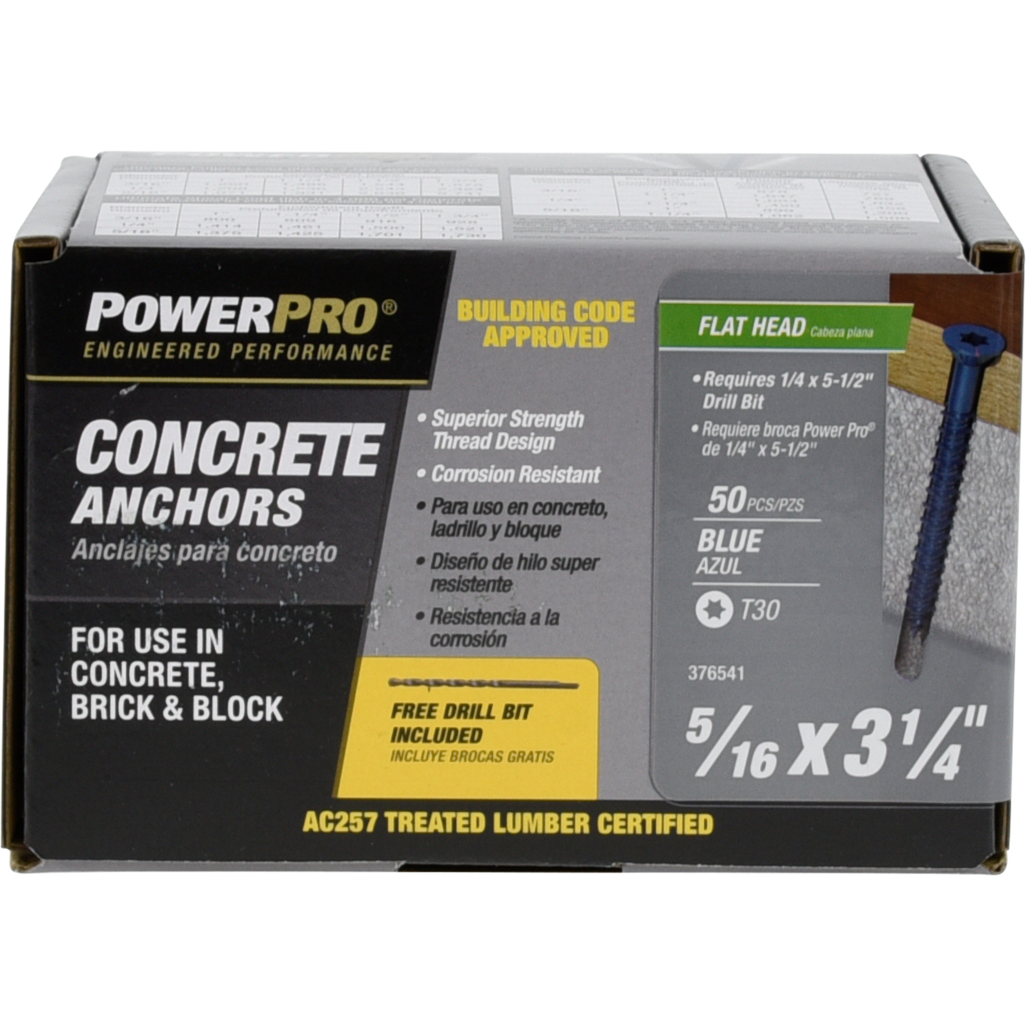 Power Pro Blue Flat-Head Concrete Screw Anchor (5/16 in. x 3-1/4 in.) - 50 pc