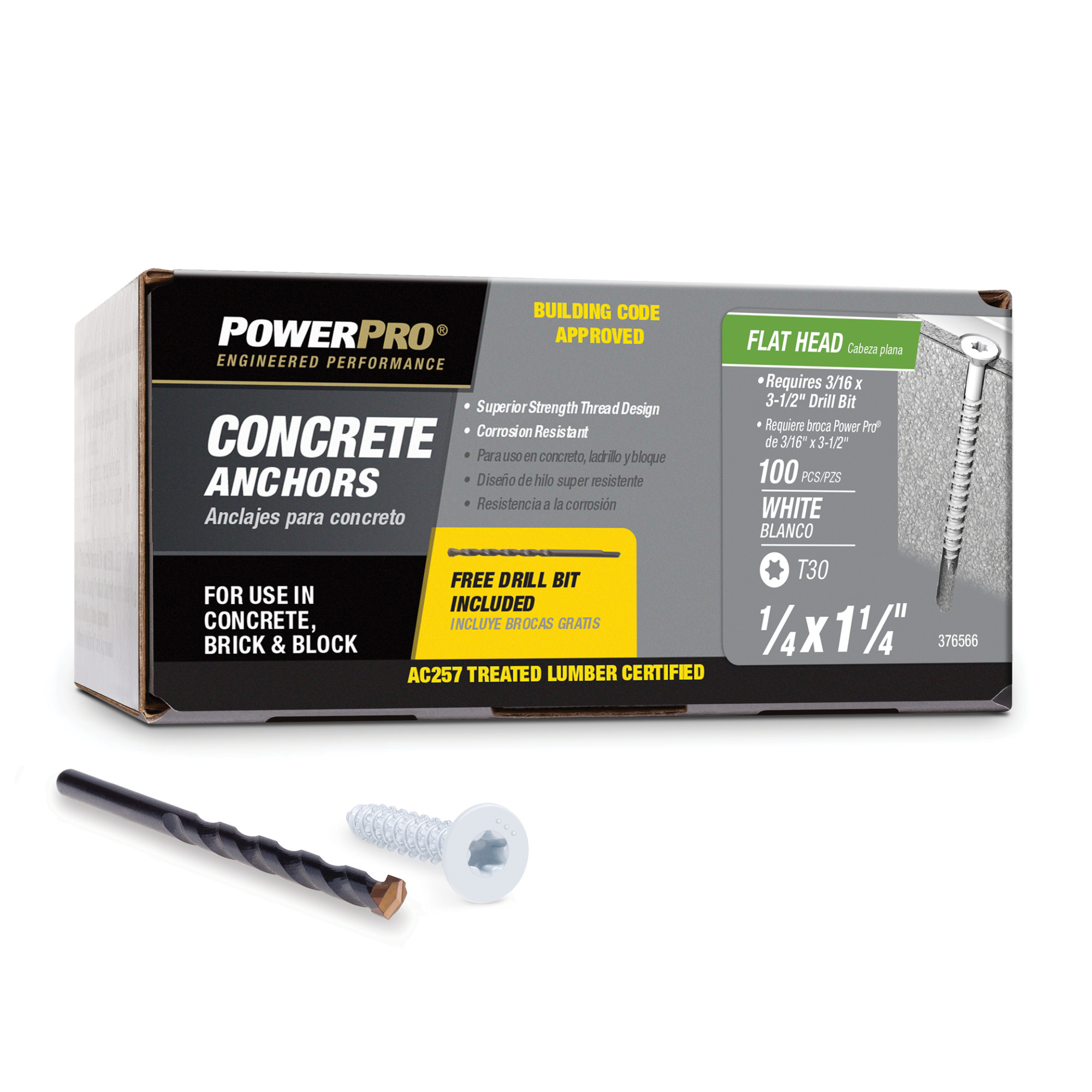 Power Pro White Flat-Head Concrete Screw Anchor (1/4 in. x 1-1/4 in.) - 100 pc