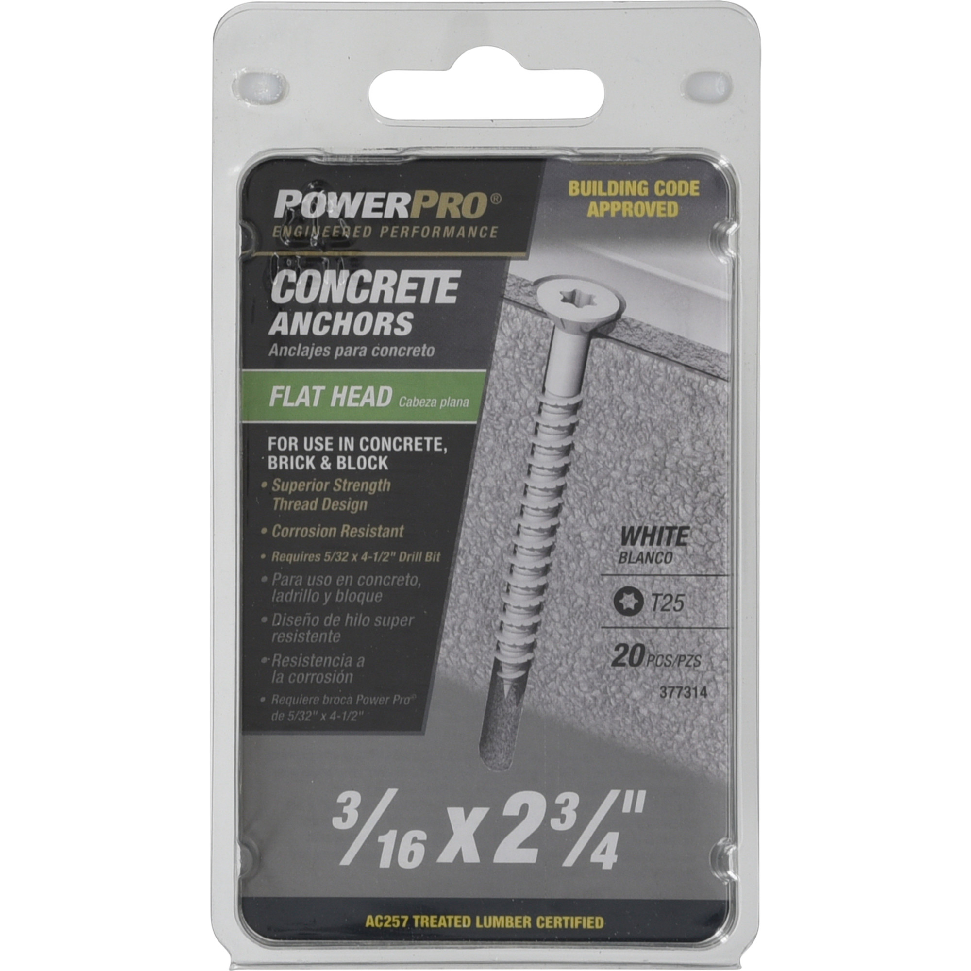 Power Pro White Flat-Head Concrete Screw Anchor (3/16 in. x 2-3/4 in.) - 20 pc