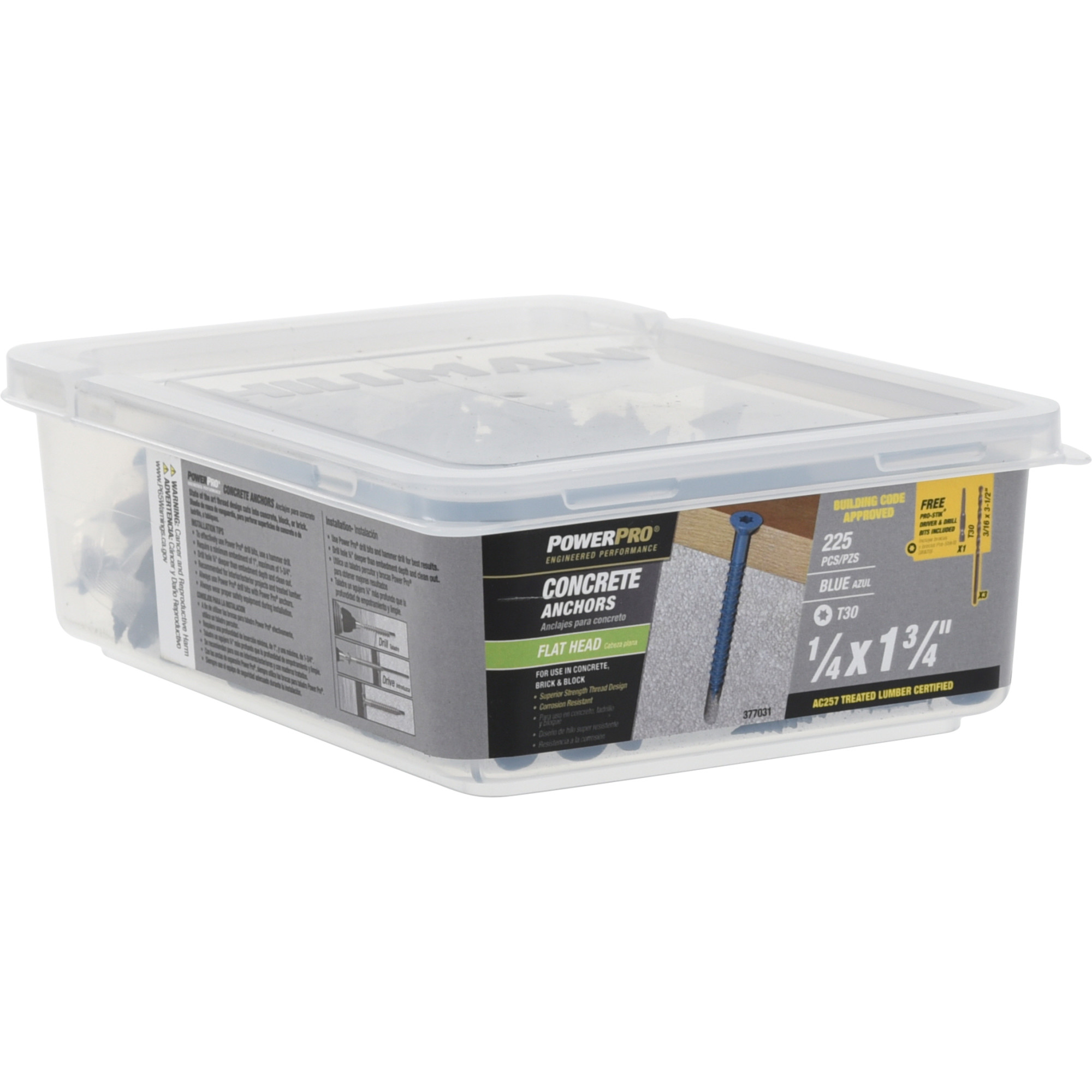 Power Pro Blue Flat-Head Concrete Screw Anchor (1/4 in. x 1-3/4 in.) - 225 pc