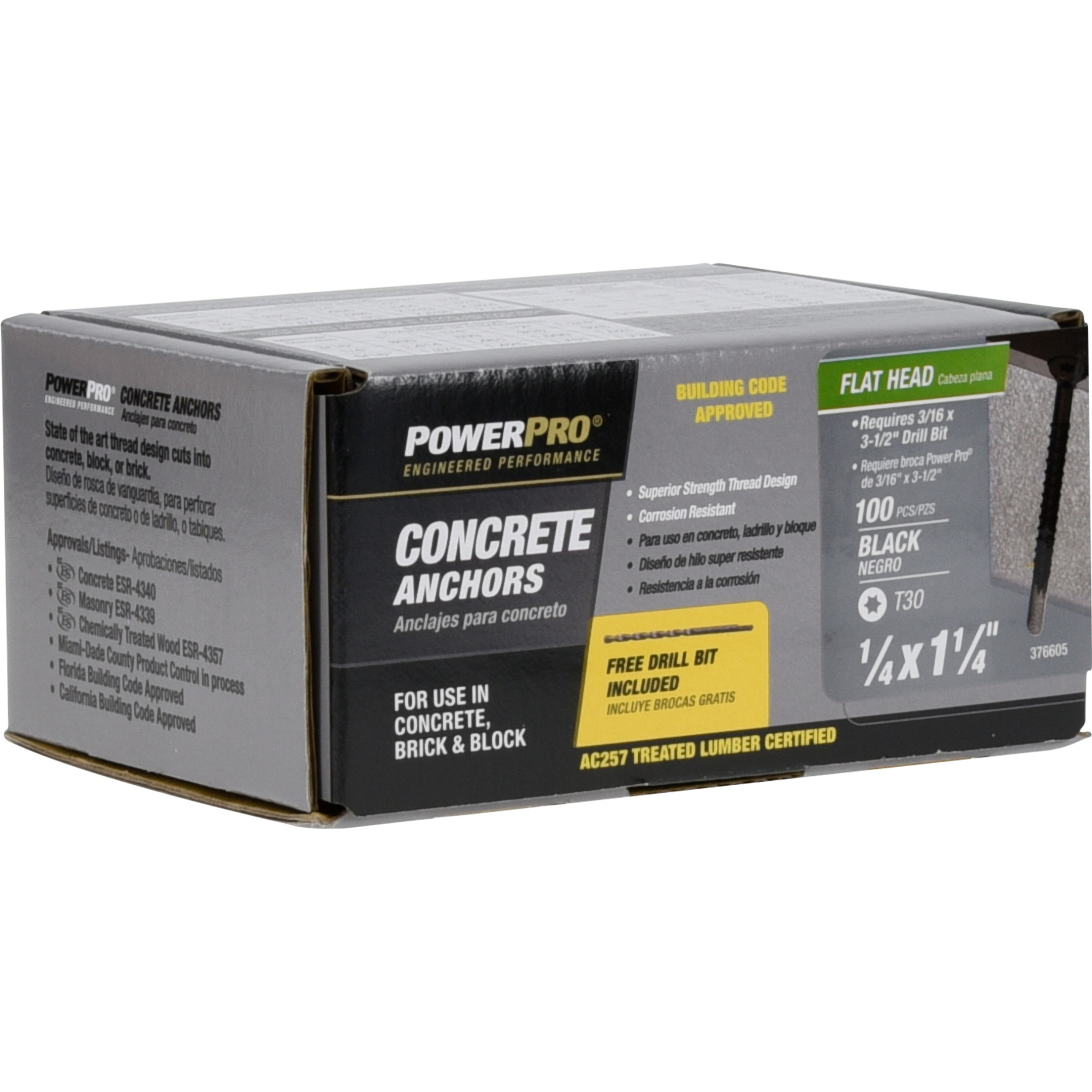 Power Pro Black Flat-Head Concrete Screw Anchor (1/4 in. x 1-1/4 in.) - 100 pc