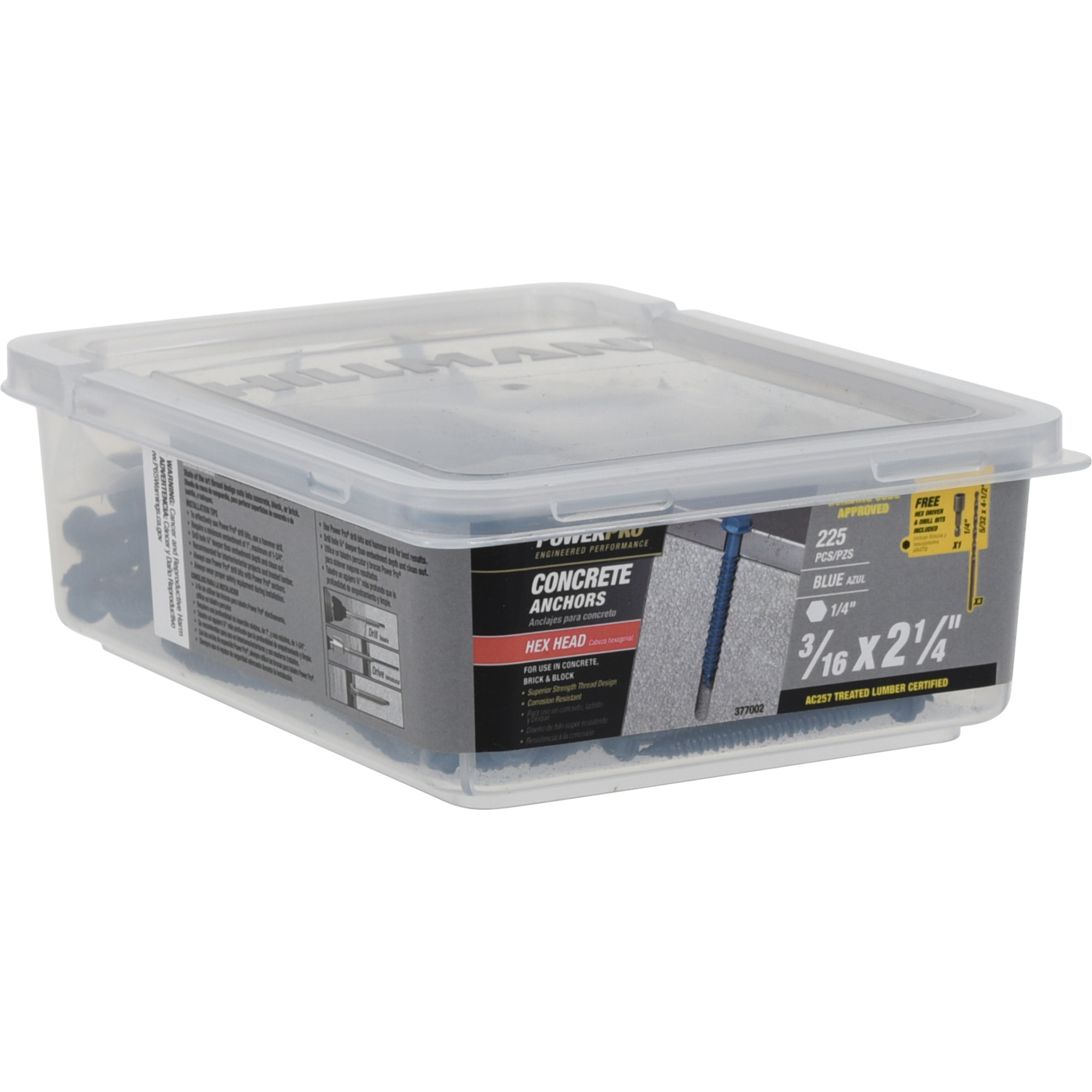 Power Pro Blue Hex Washer-Head Concrete Screw Anchor (3/16 in. x 2-1/4 in.) - 225 pc