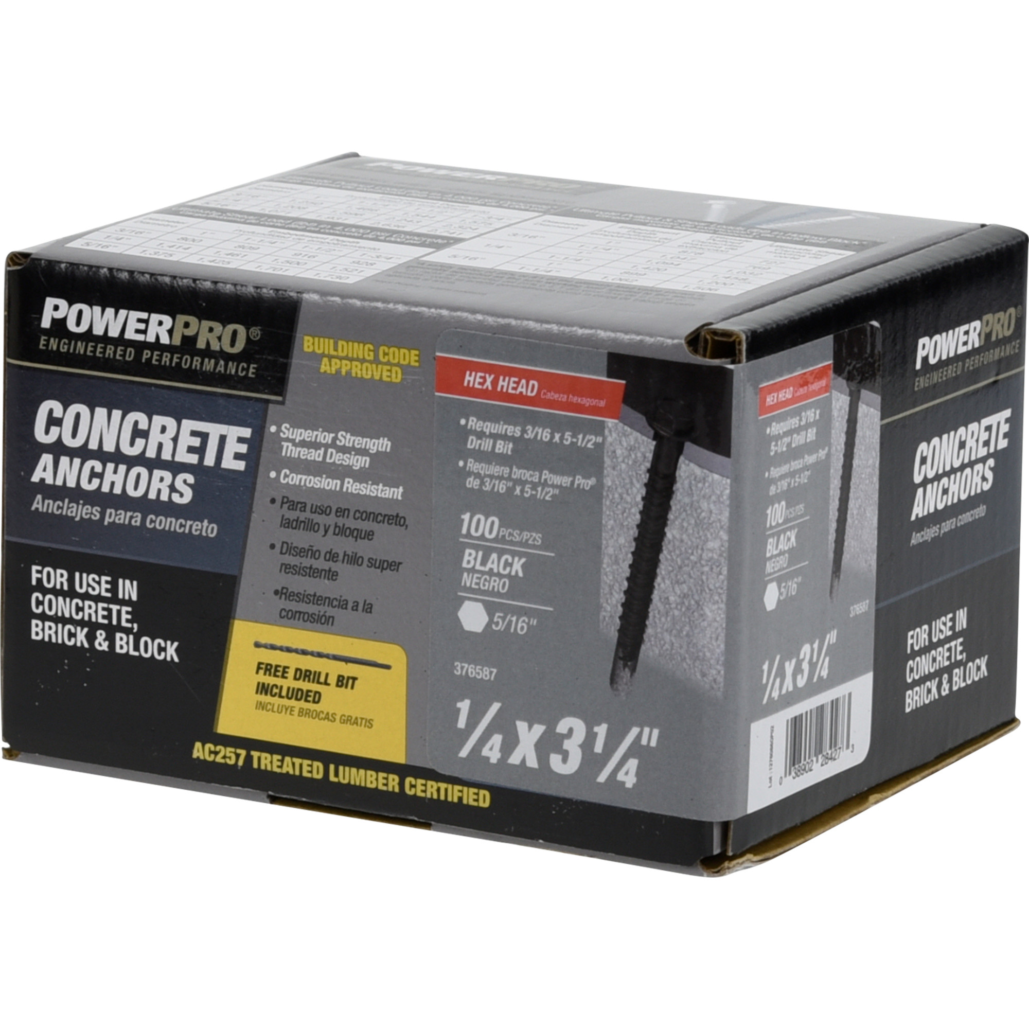 Power Pro Black Hex Washer-Head Concrete Screw Anchor (1/4 in. x 3-1/4 in.) - 100 pc