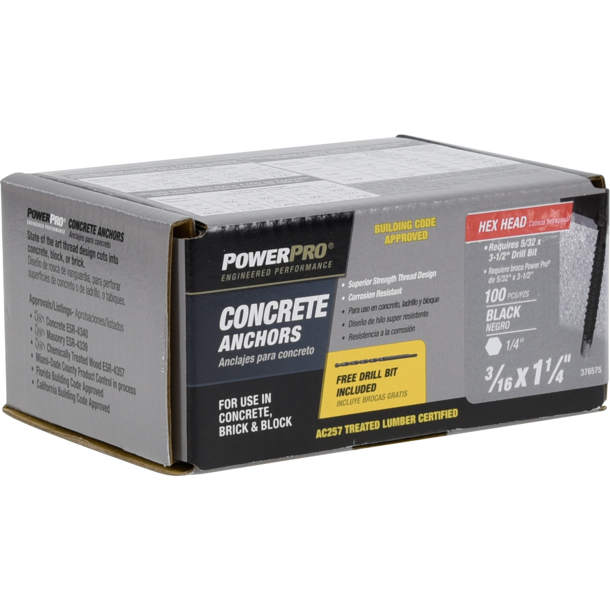 Power Pro Black Hex Washer-Head Concrete Screw Anchor (3/16 in. x 1-1/4 in.) - 100 pc