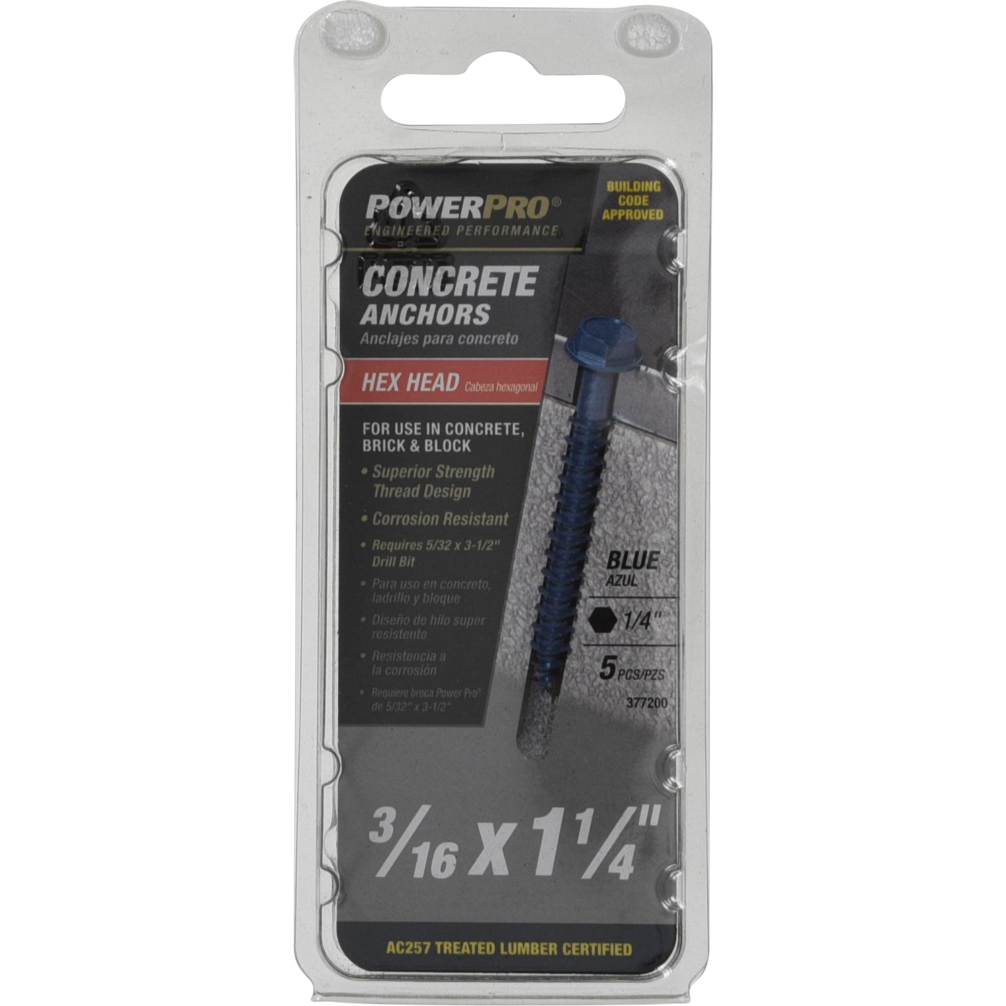 Power Pro Blue Hex Washer-Head Concrete Screw Anchor (3/16 in. x 1-1/4 in.) - 5 pc