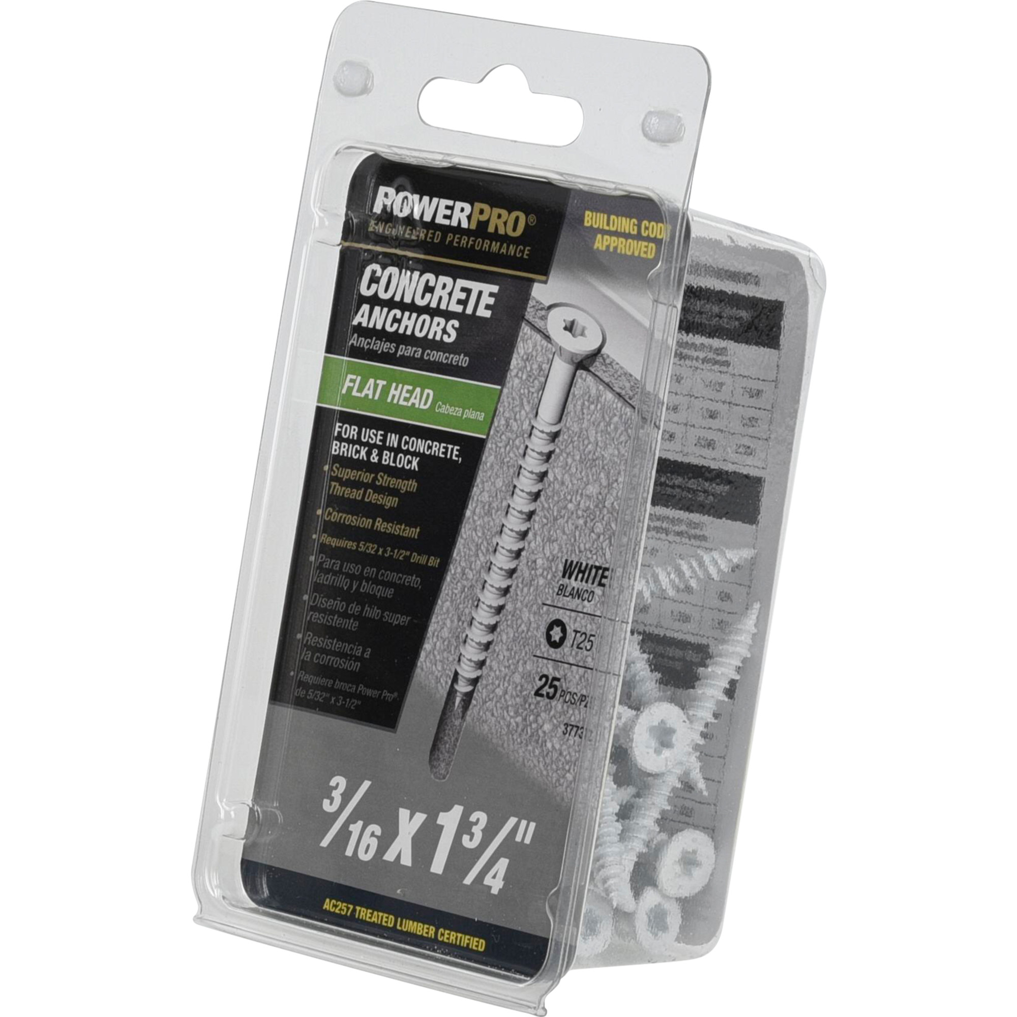 Power Pro White Flat-Head Concrete Screw Anchor (3/16 in. x 1-3/4 in.) - 25 pc