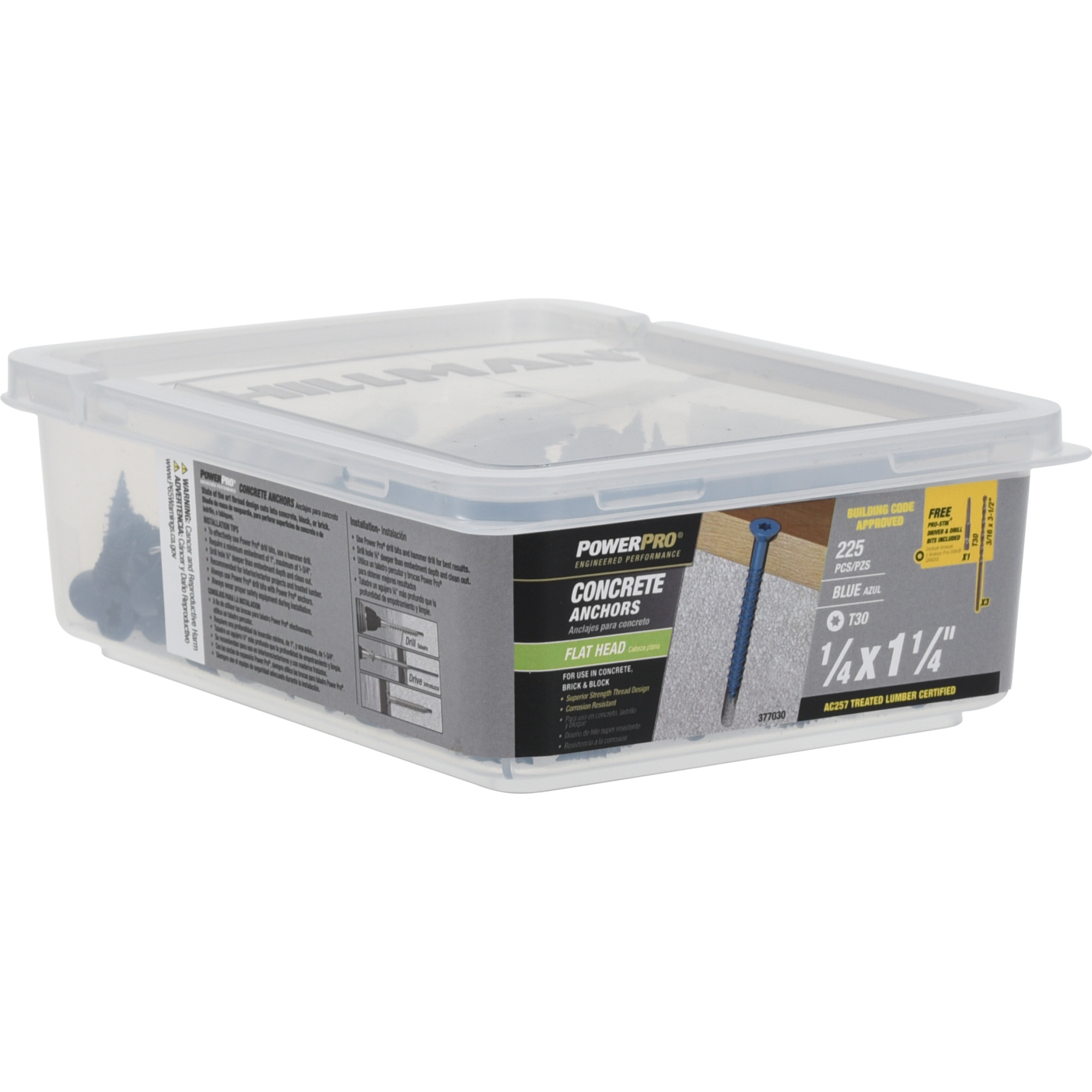 Power Pro Blue Flat-Head Concrete Screw Anchor (1/4 in. x 1-1/4 in.) - 225 pc