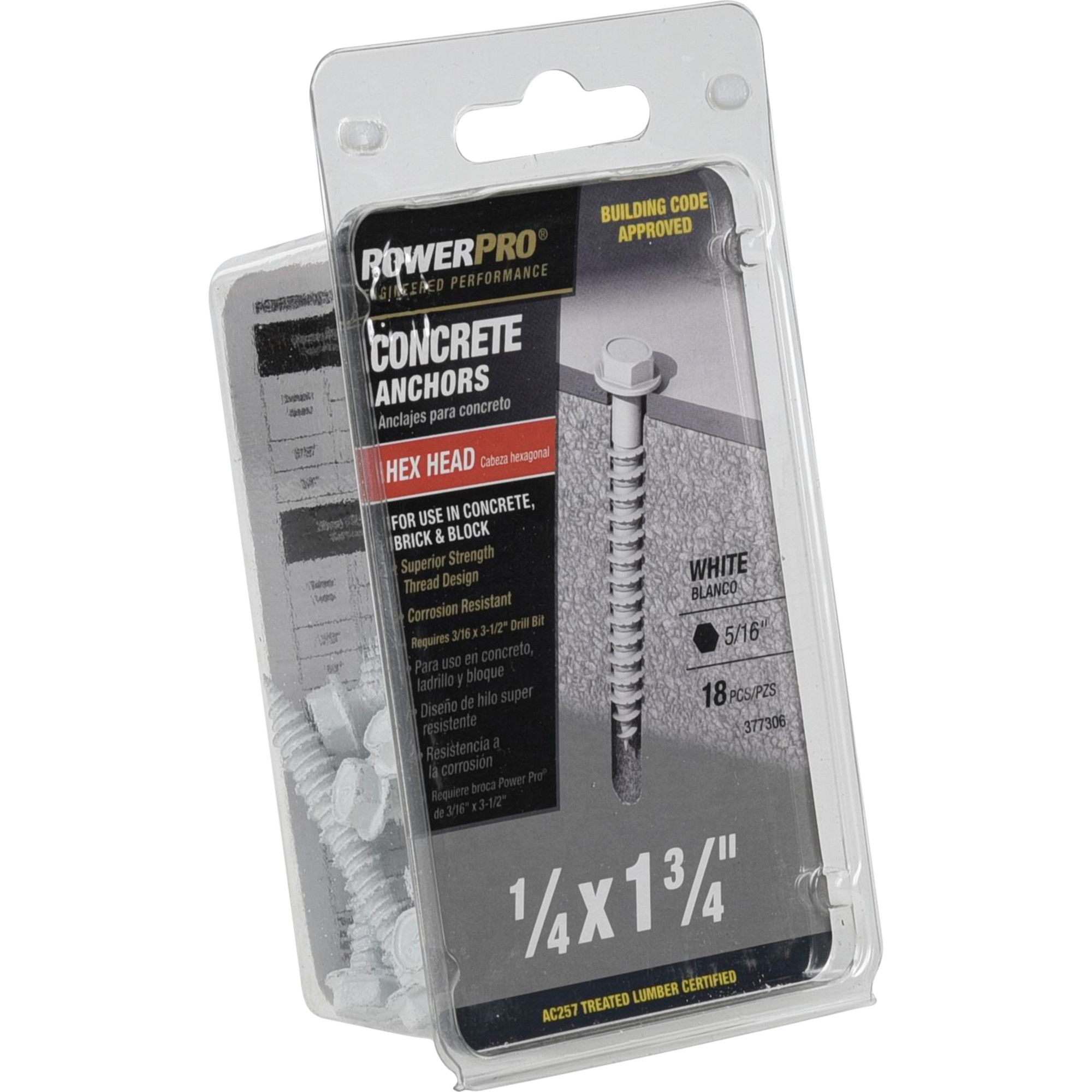Power Pro White Hex Washer-Head Concrete Screw Anchor (1/4 in. x 1-3/4 in.) - 18 pc