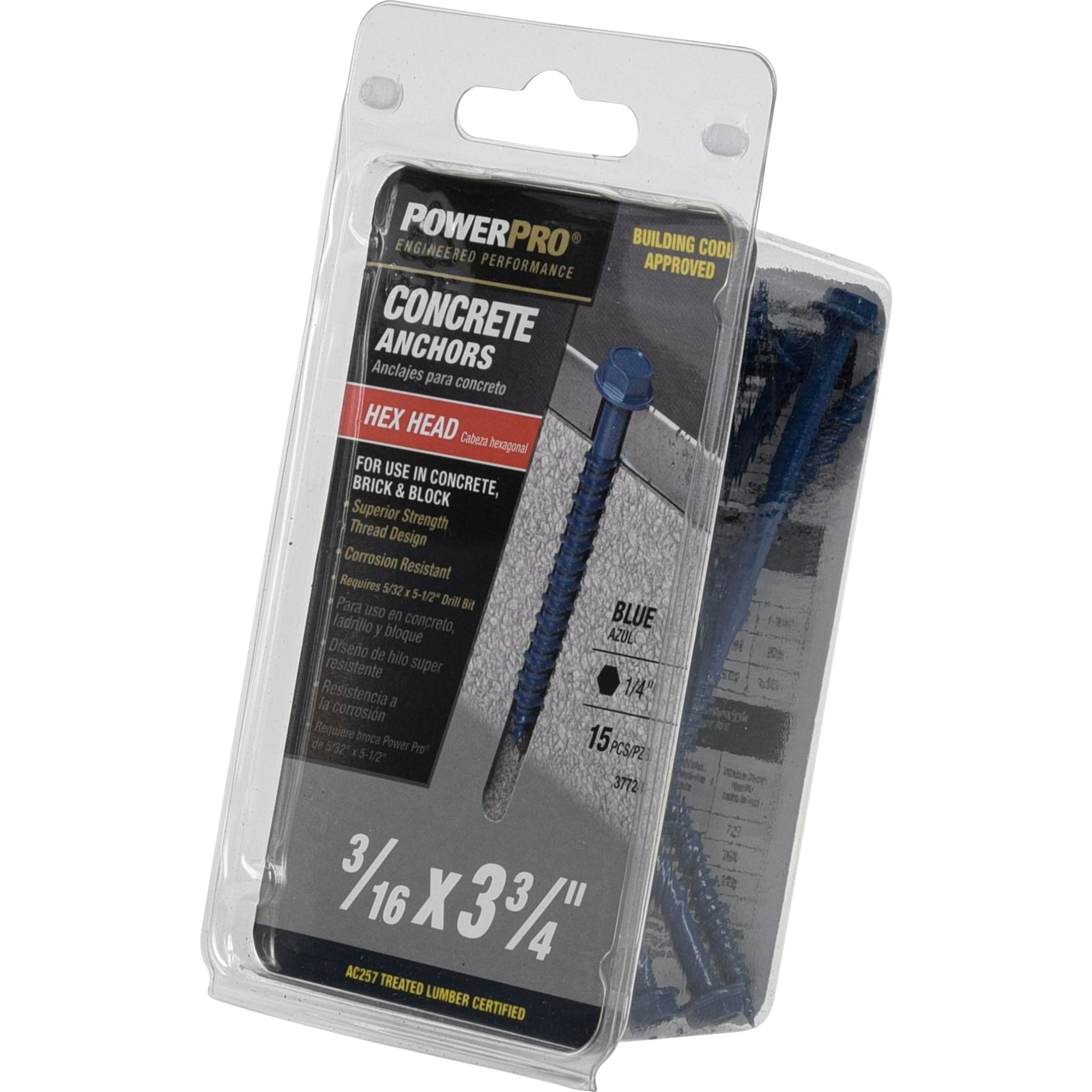 Power Pro Blue Hex Washer-Head Concrete Screw Anchor (3/16 in. x 3-3/4 in.) - 15 pc