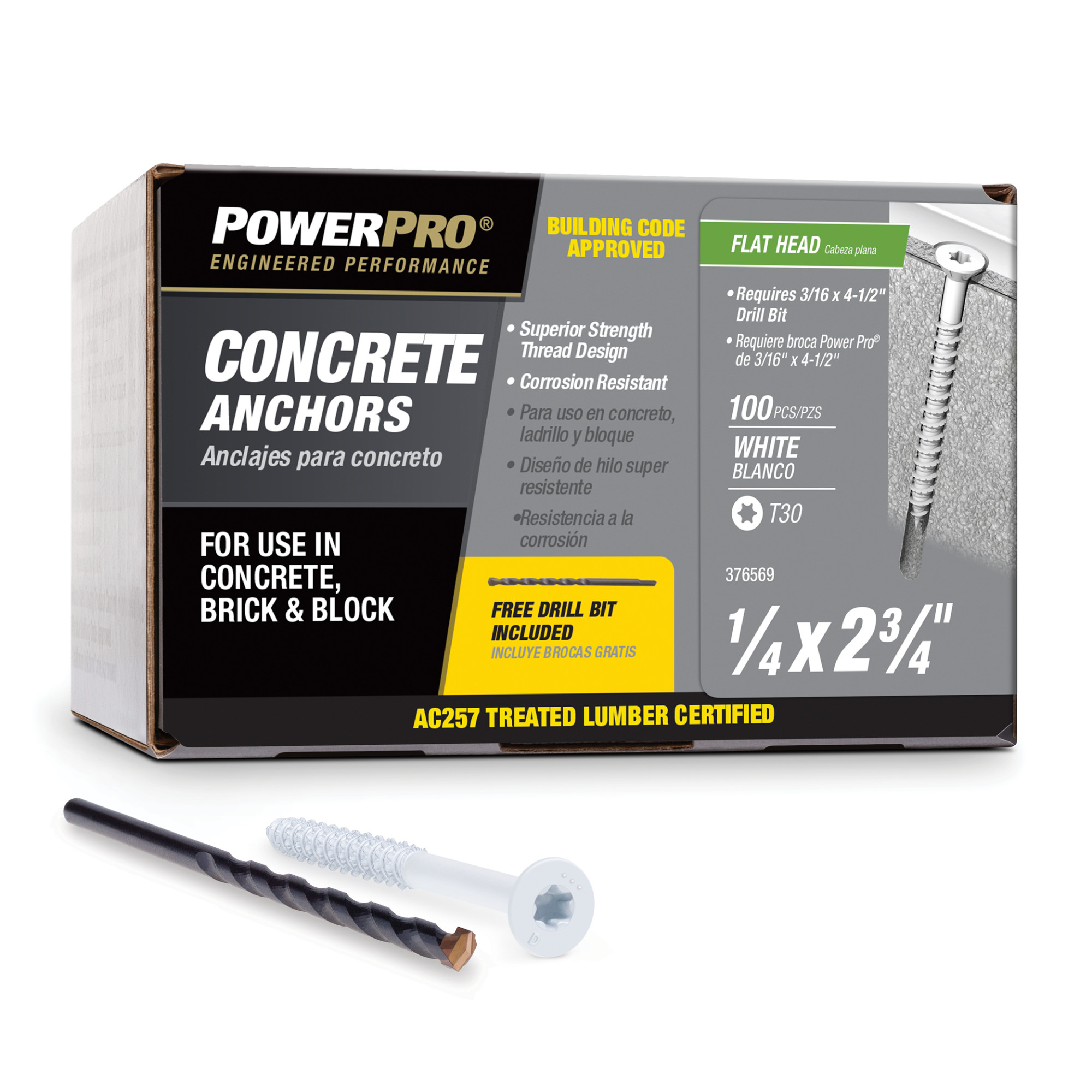 Power Pro White Flat-Head Concrete Screw Anchor (1/4 in. x 2-3/4 in.) - 100 pc