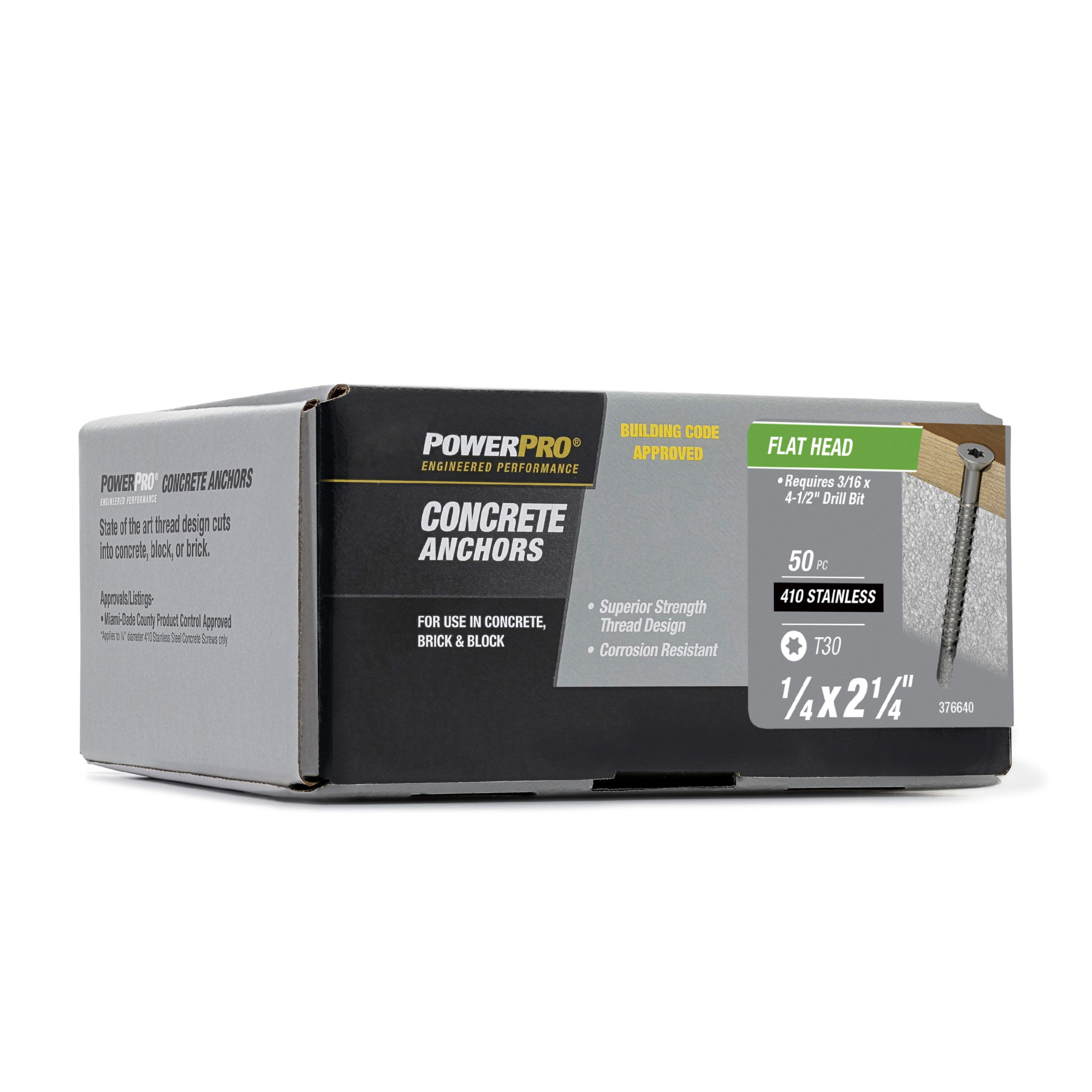 Power Pro 410 Stainless Flat Concrete Screw Anchor (1/4 in. x 2-1/4 in.) 100 pc