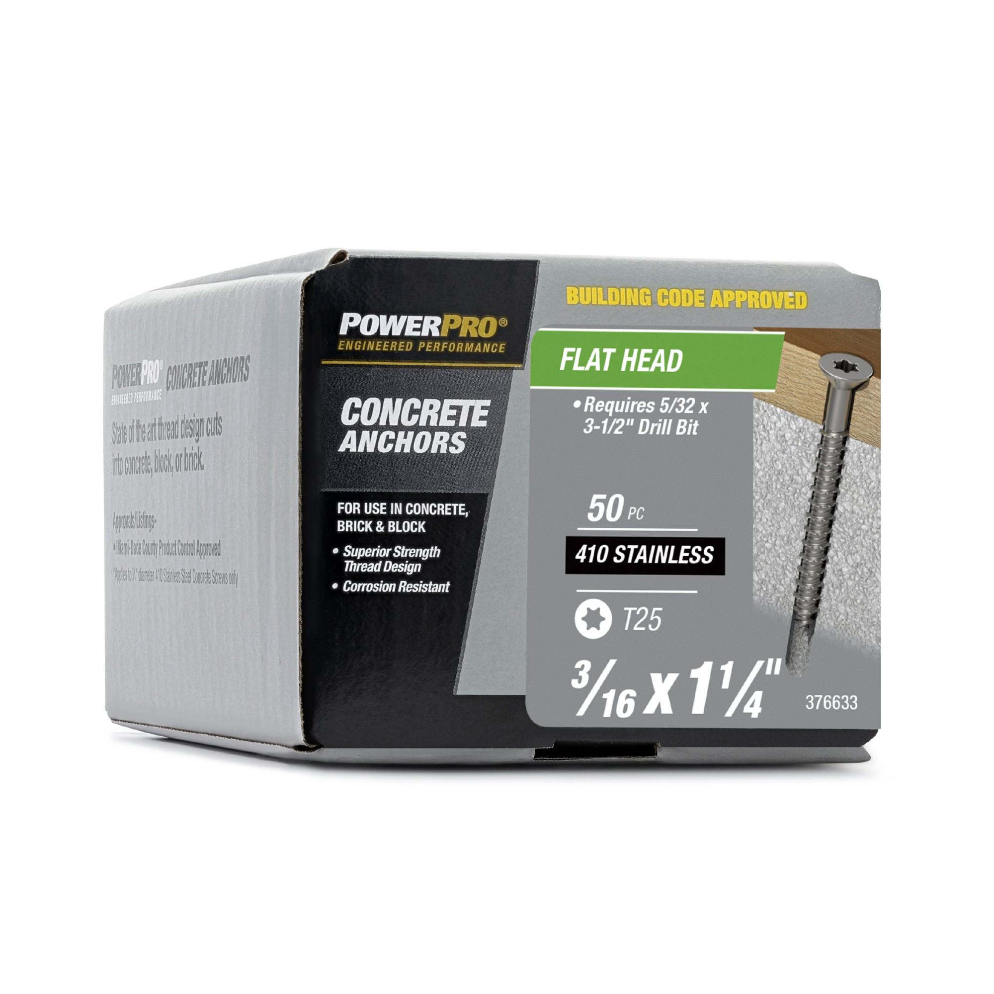 Power Pro 410 Stainless Flat Concrete Screw Anchor (3/16 in. x 1-1/4 in.) 100 pc