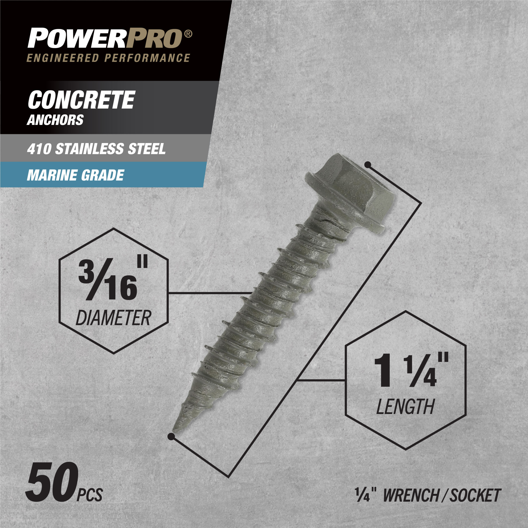 Power Pro 410 Stainless Hex Washer Concrete Screw Anchor (3/16 in. x 1-1/4 in.)100pc