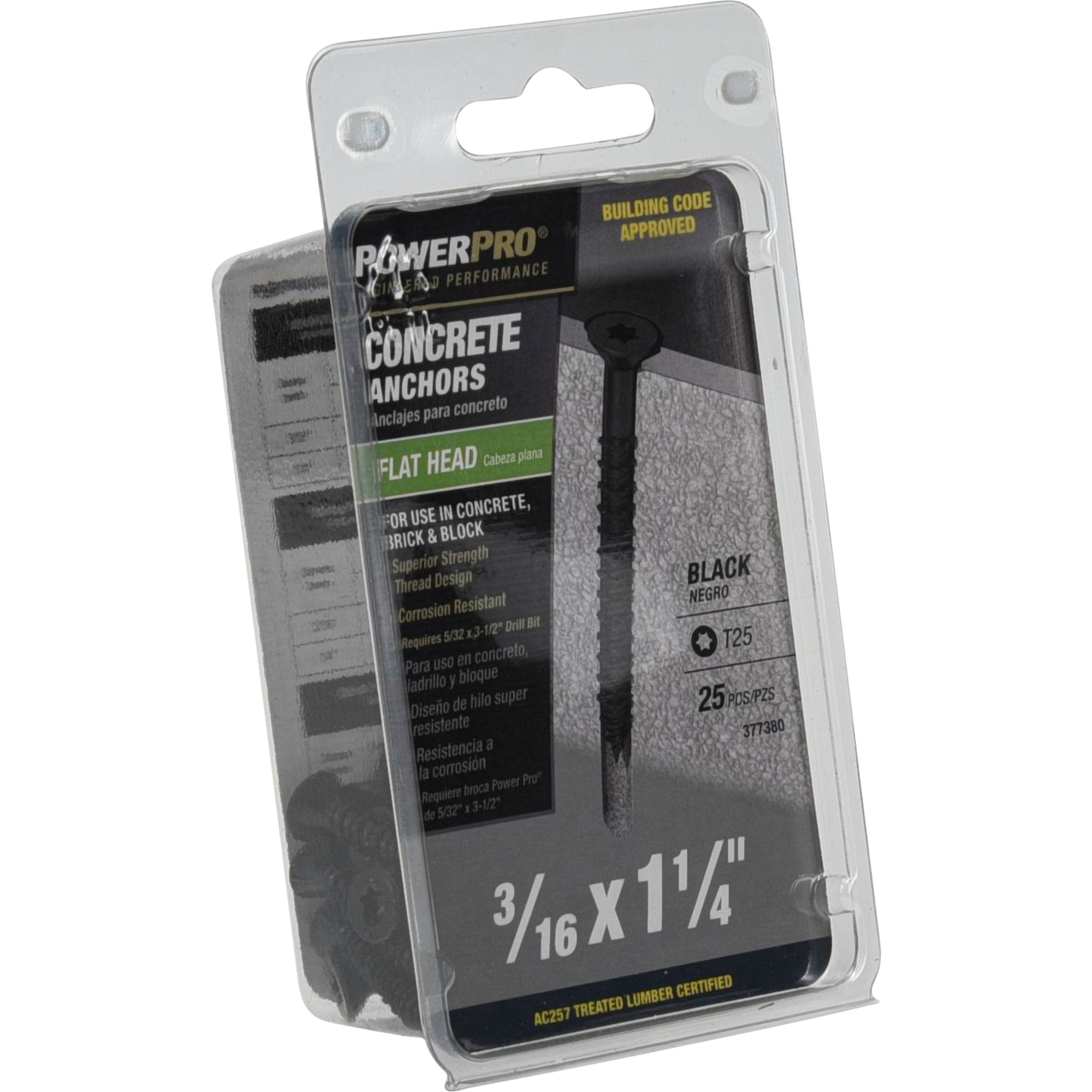 Power Pro Black Flat-Head Concrete Screw Anchor (3/16 in. x 1-1/4 in.) - 25 pc