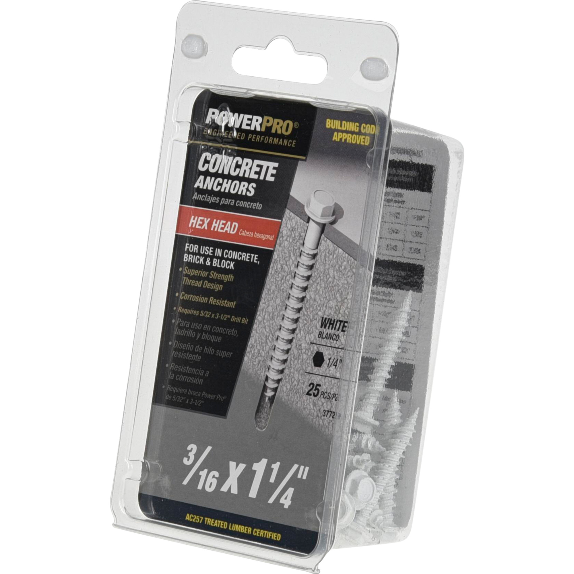 Power Pro White Hex Washer-Head Concrete Screw Anchor (3/16 in. x 1-1/4 in.) - 25 pc