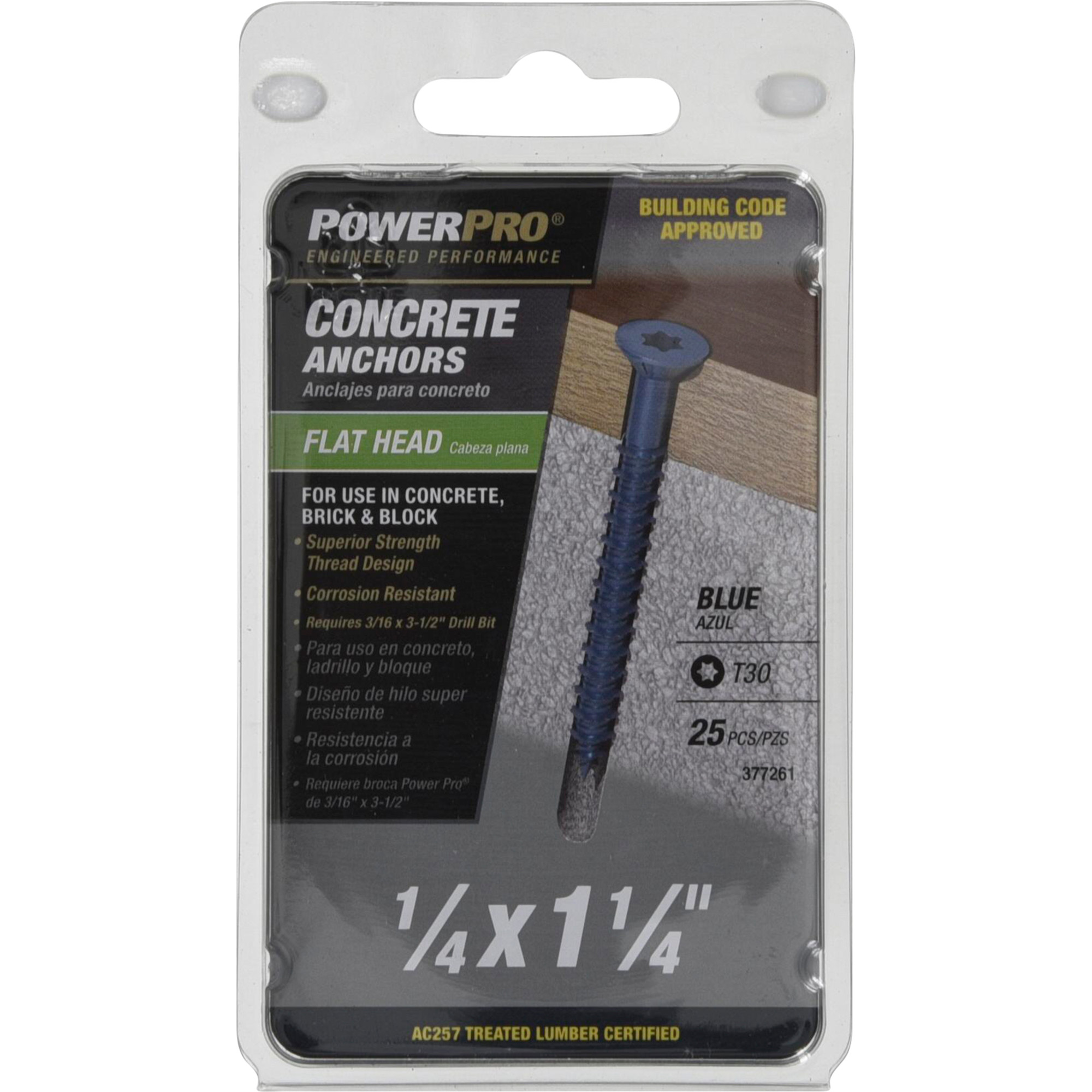 Power Pro Blue Flat-Head Concrete Screw Anchor (1/4 in. x 1-1/4 in.) - 25 pc