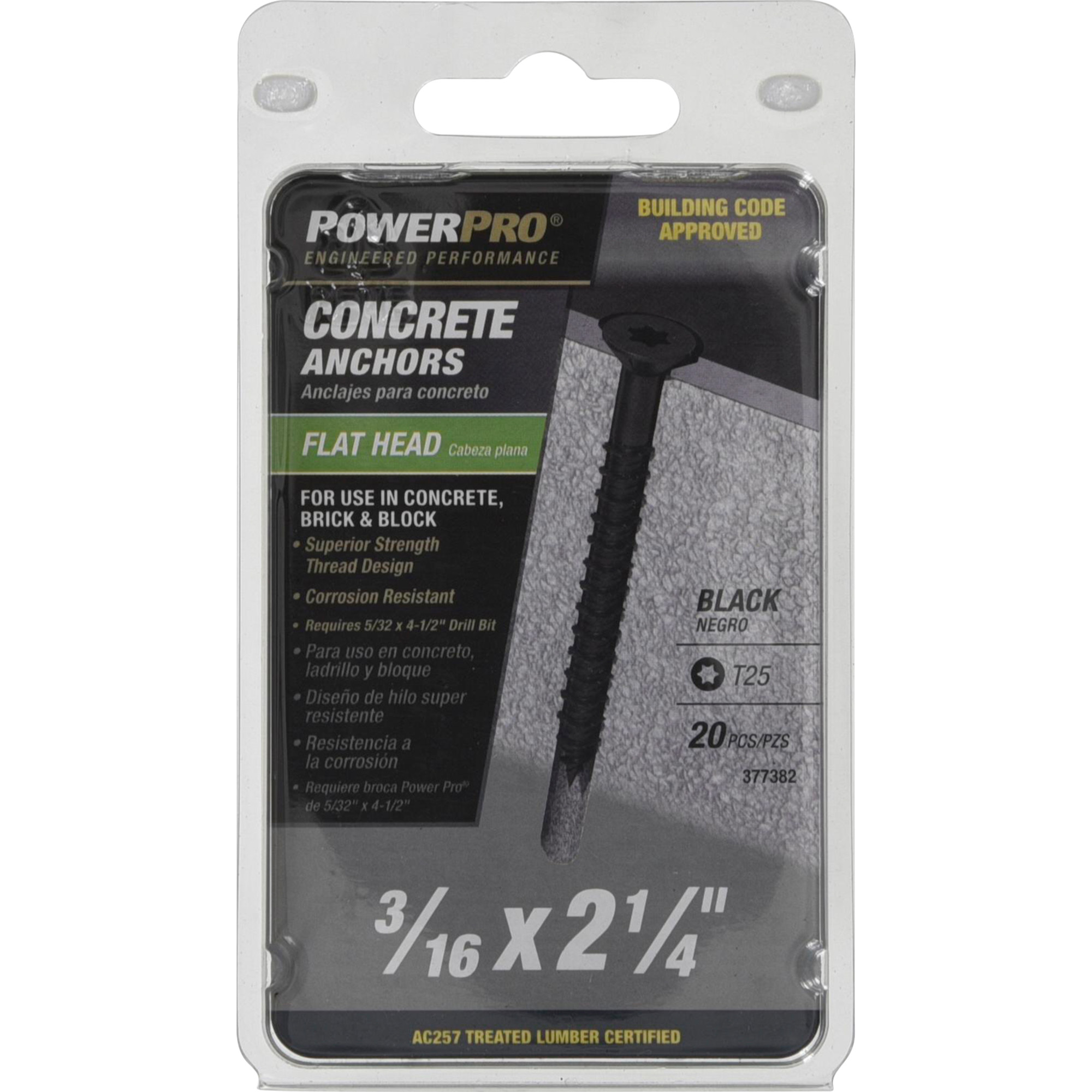 Power Pro Black Flat-Head Concrete Screw Anchor (3/16 in. x 2-1/4 in.) - 20 pc