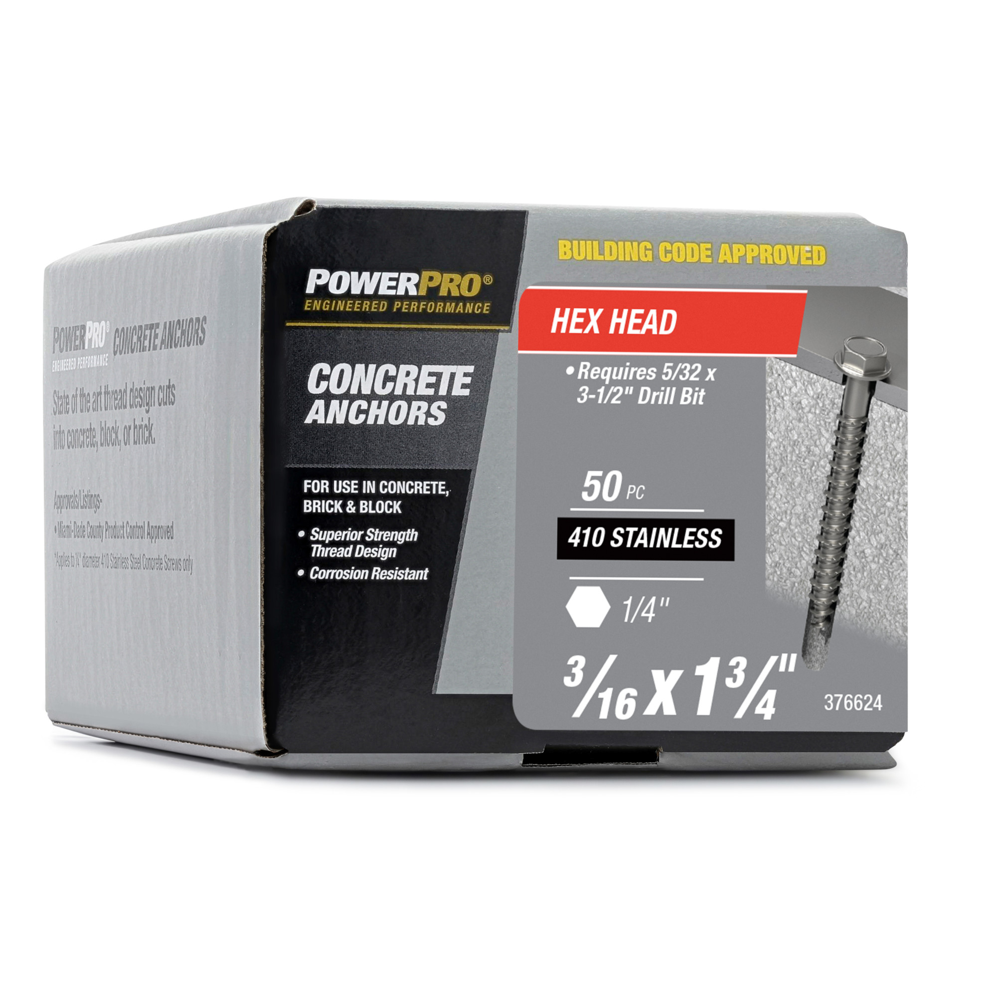 Power Pro 410 Stainless Hex Washer Concrete Screw Anchor (3/16 in. x 1-3/4 in.)100pc