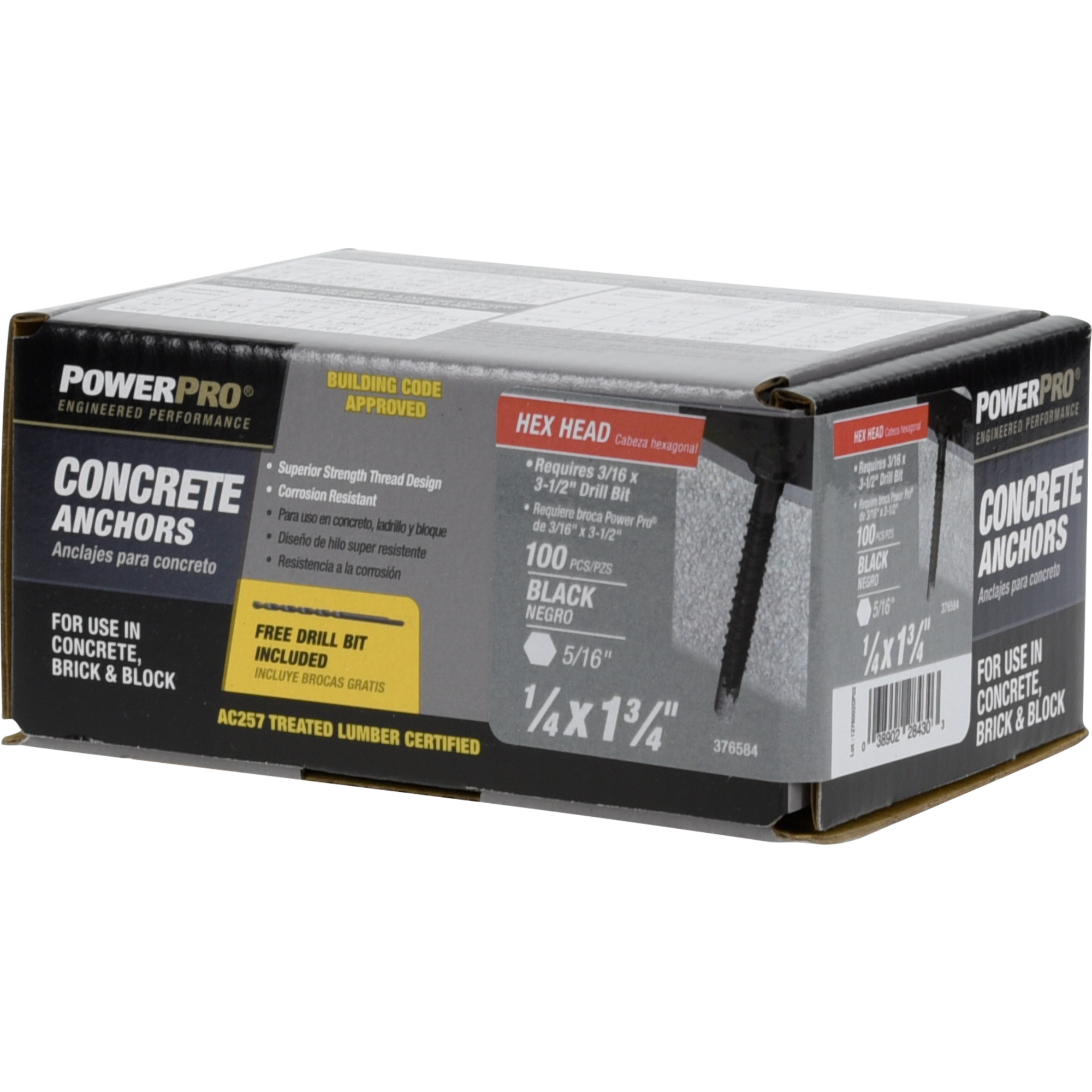 Power Pro Black Hex Washer-Head Concrete Screw Anchor (1/4 in. x 1-3/4 in.) - 100 pc